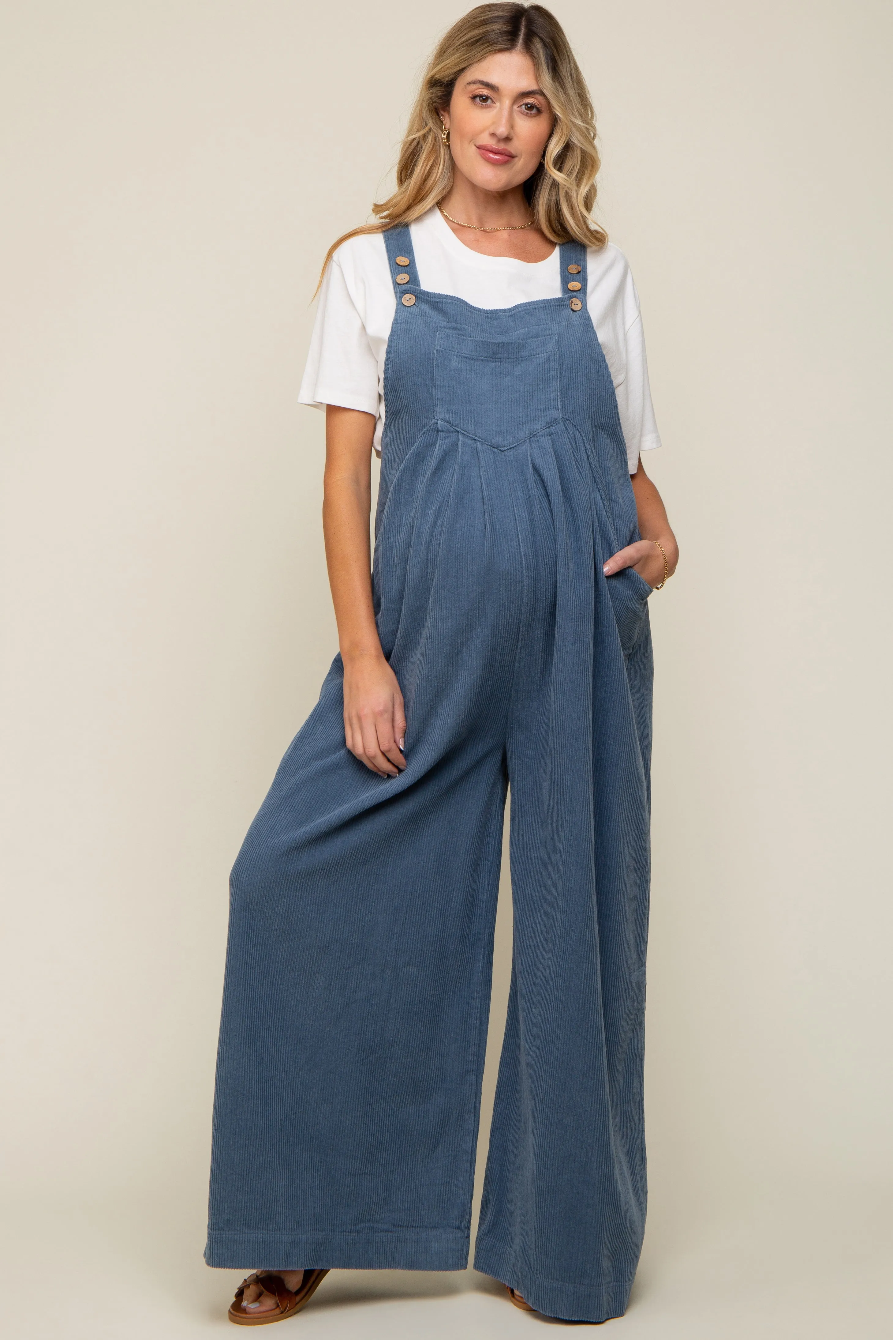Blue Corduroy Front Pleated Wide Leg Maternity Overalls sold by Pinkblush
