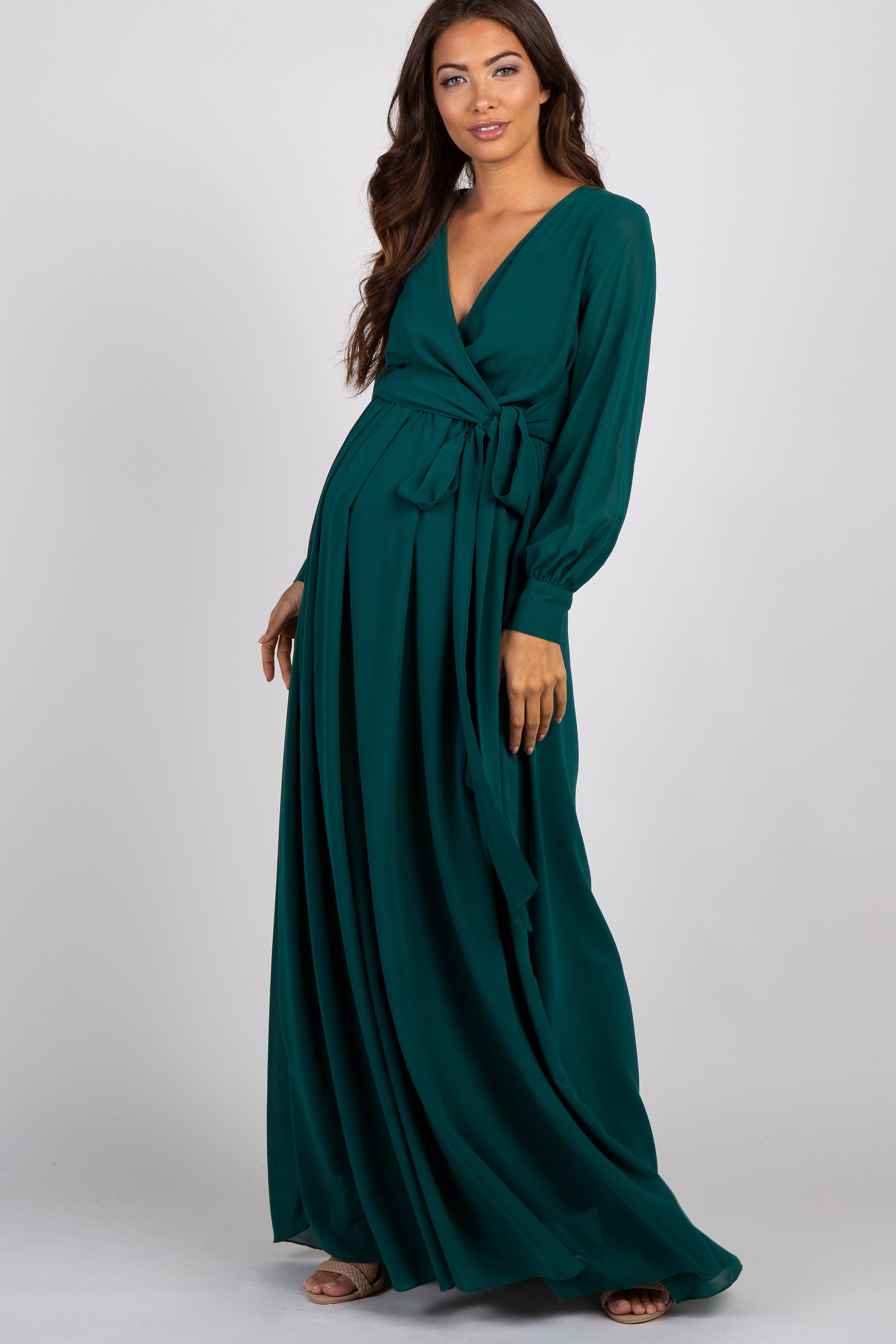 Green Chiffon Long Sleeve Pleated Maternity Maxi Dress sold by Pinkblush