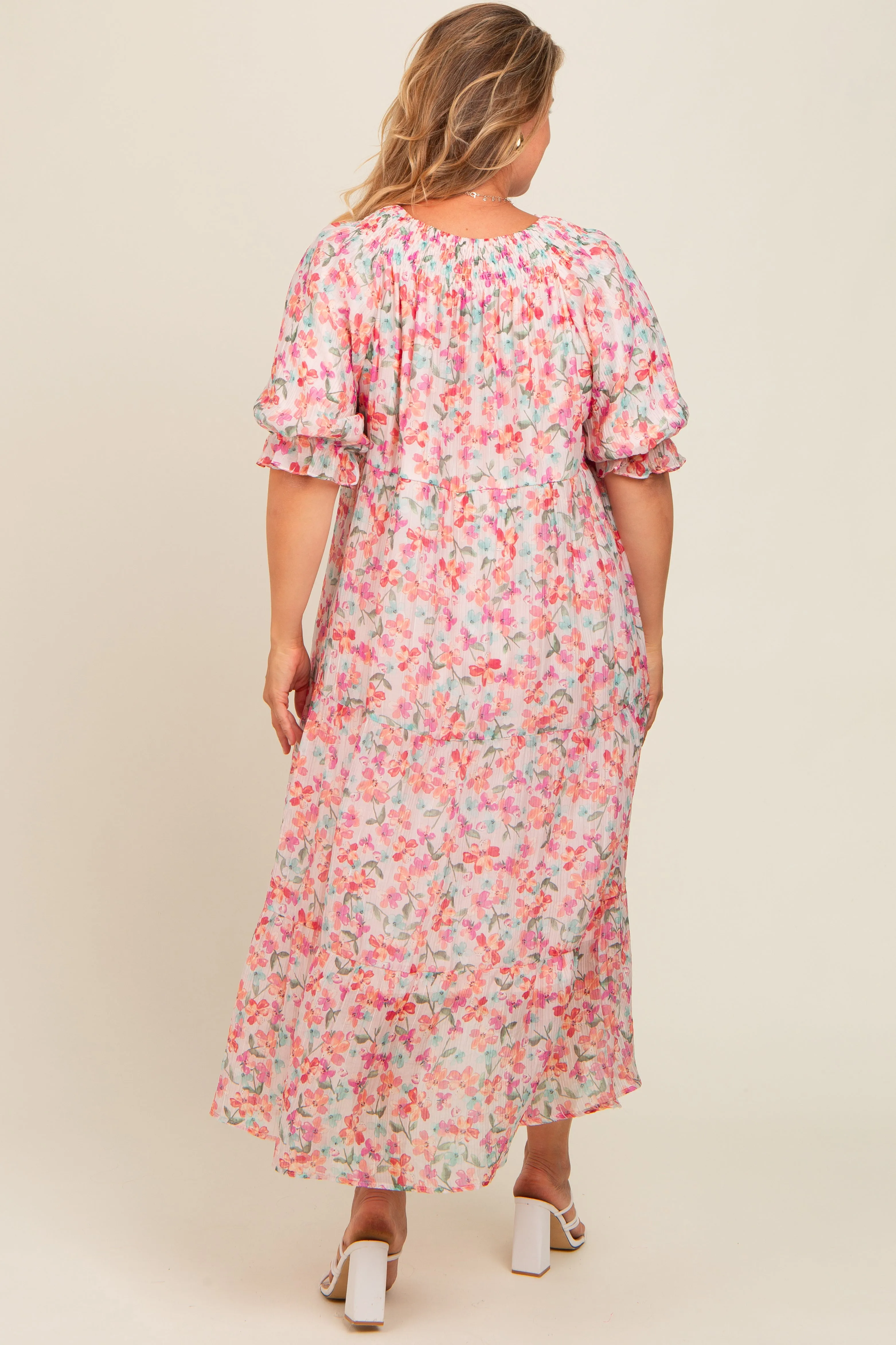 Light Pink Floral Front Tie Button Up Maternity Plus Maxi Dress sold by Pinkblush product image thumbnail 4