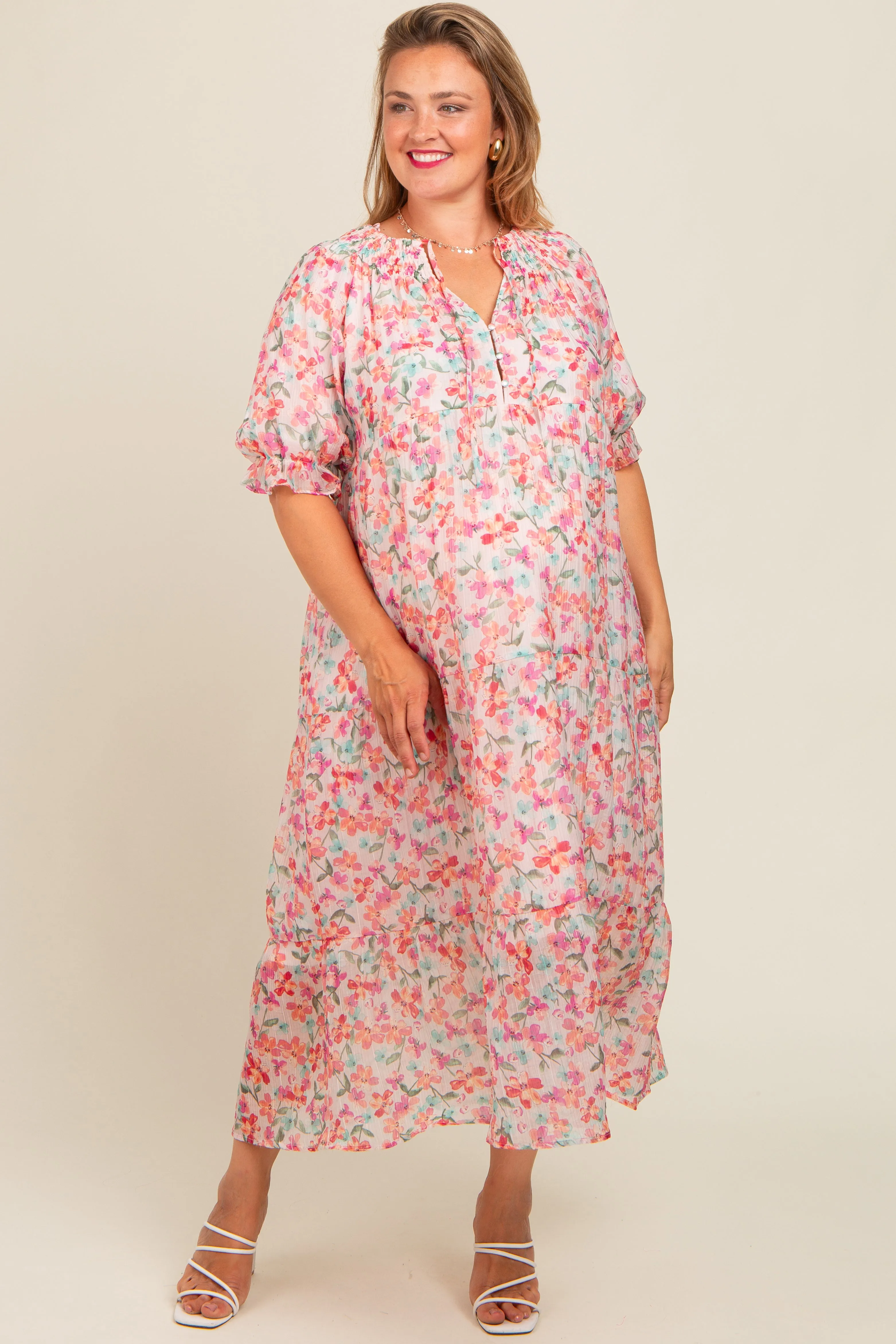 Light Pink Floral Front Tie Button Up Maternity Plus Maxi Dress sold by Pinkblush