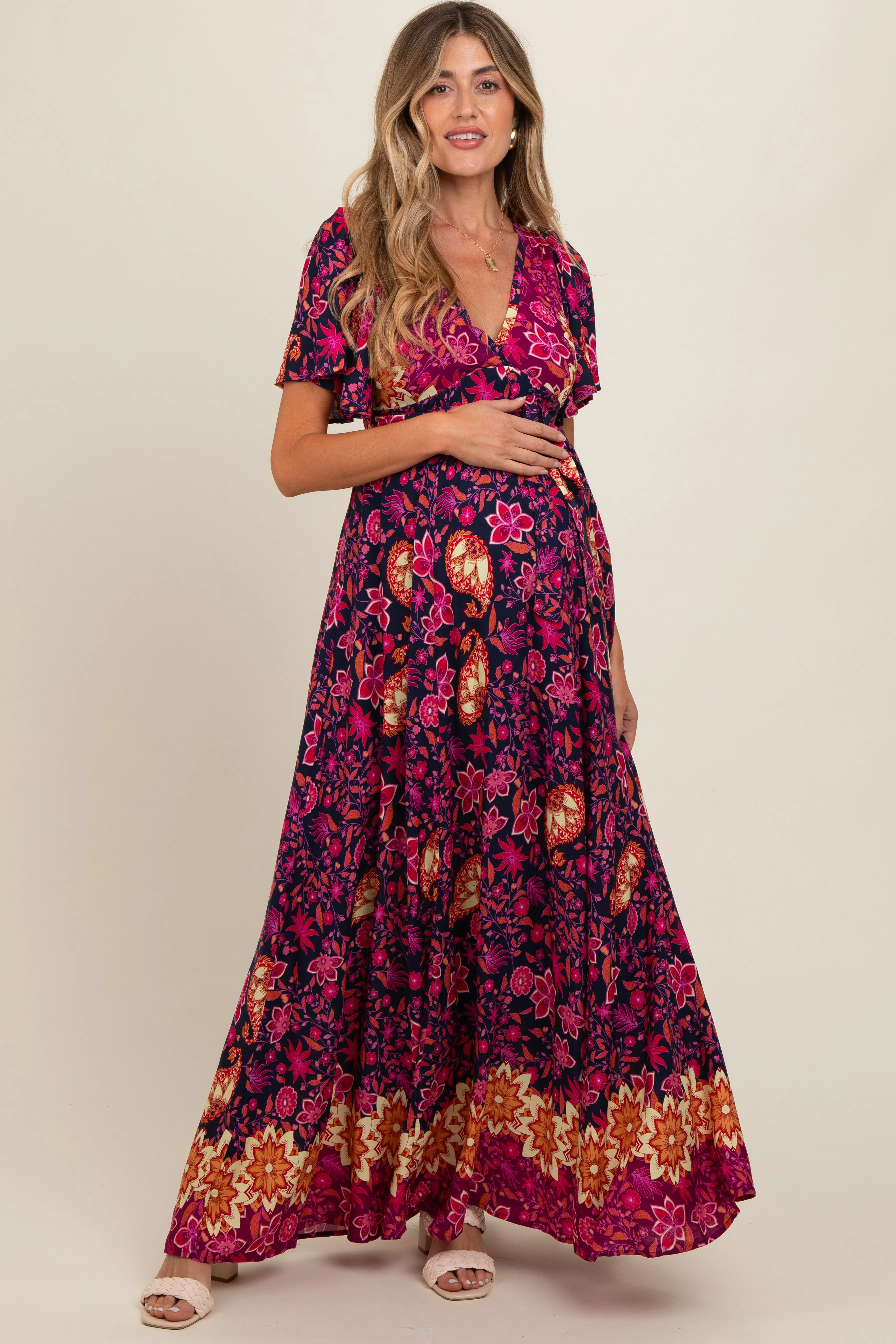 Navy Blue Mixed Floral Maternity Maxi Dress sold by Pinkblush