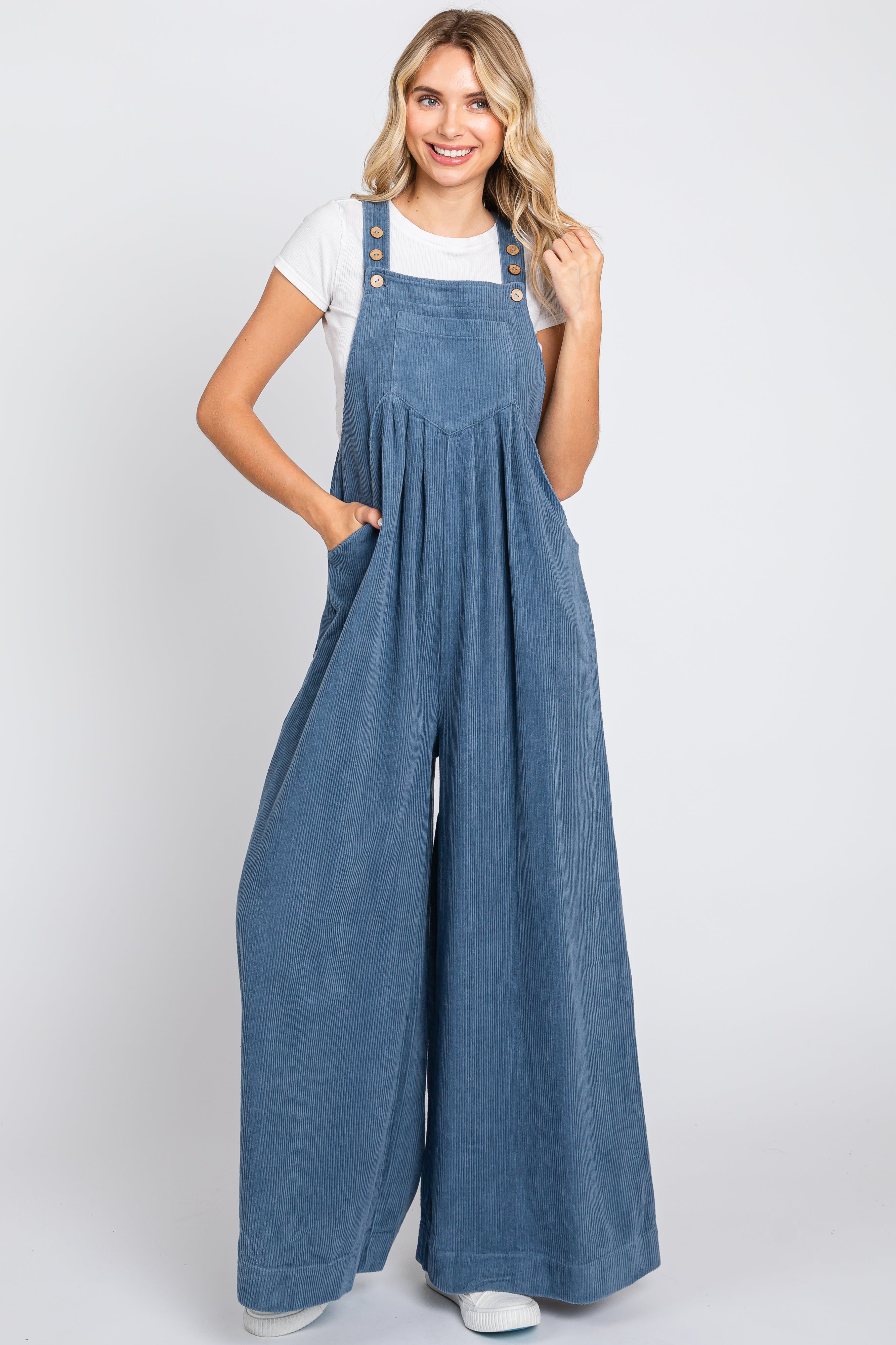 Blue Corduroy Front Pleated Wide Leg Maternity Overalls sold by Pinkblush product image thumbnail 5