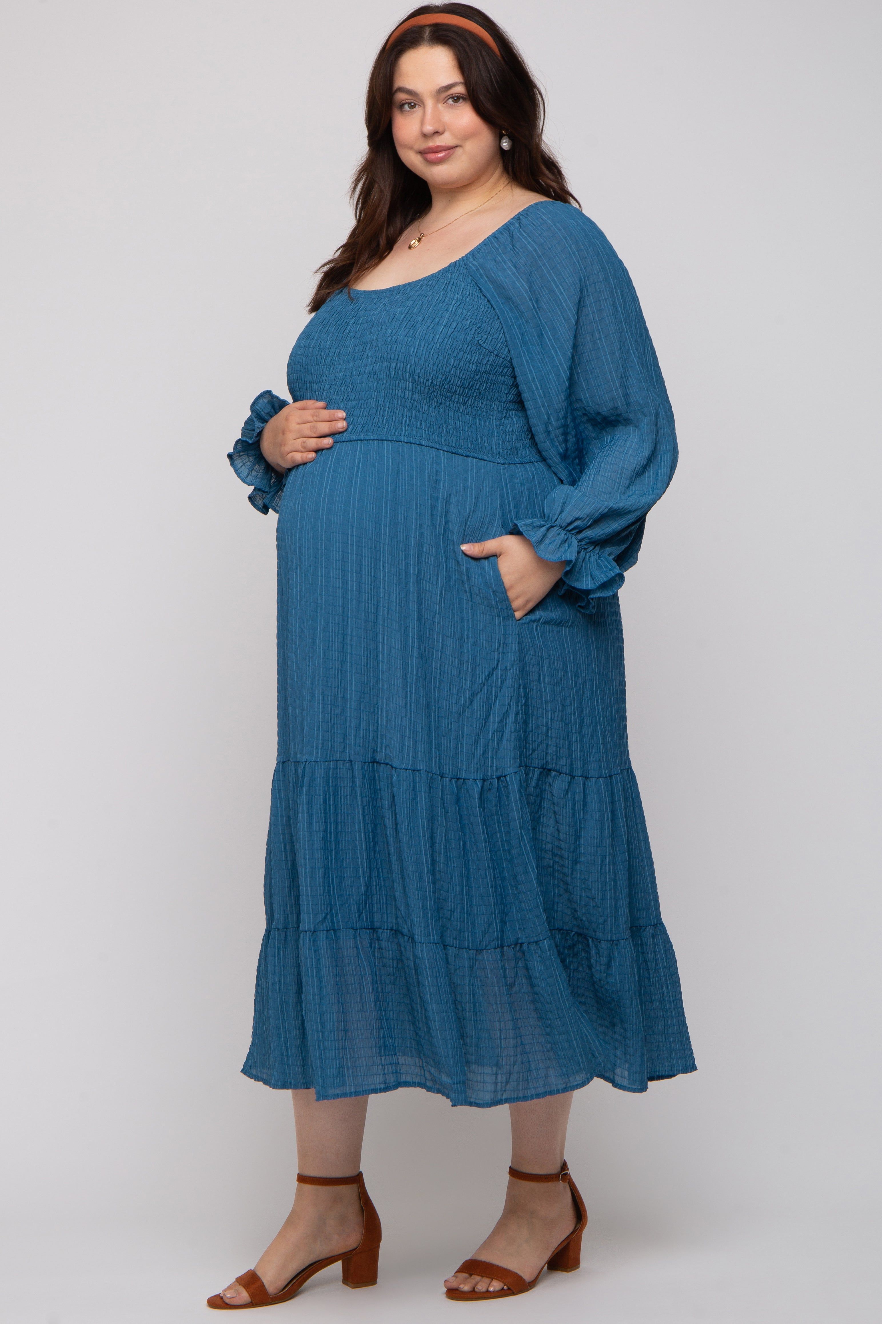 Blue Textured Stripe Smocked Square Neck Maternity Plus Midi Dress sold by Pinkblush product image thumbnail 2