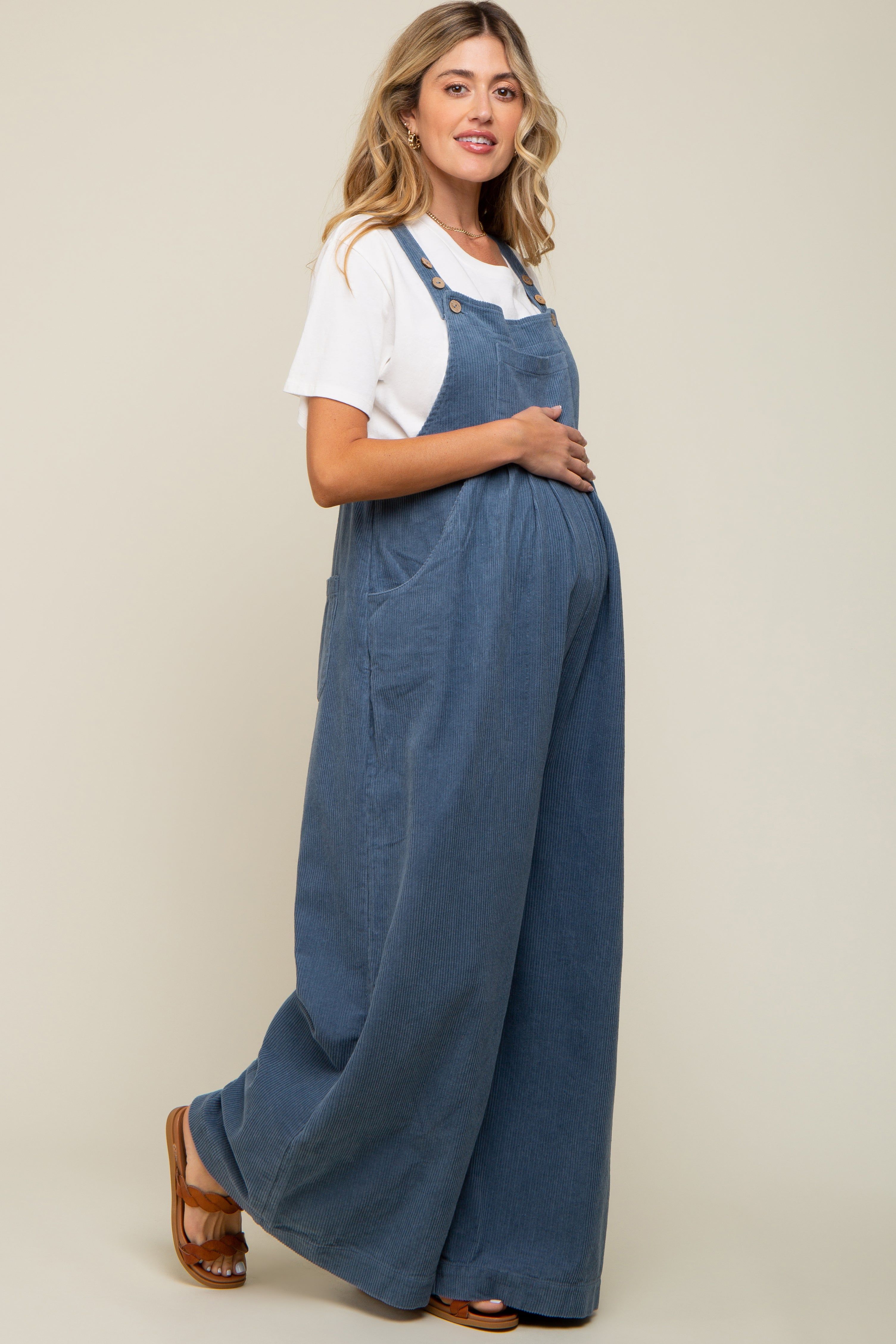 Blue Corduroy Front Pleated Wide Leg Maternity Overalls sold by Pinkblush product image thumbnail 2