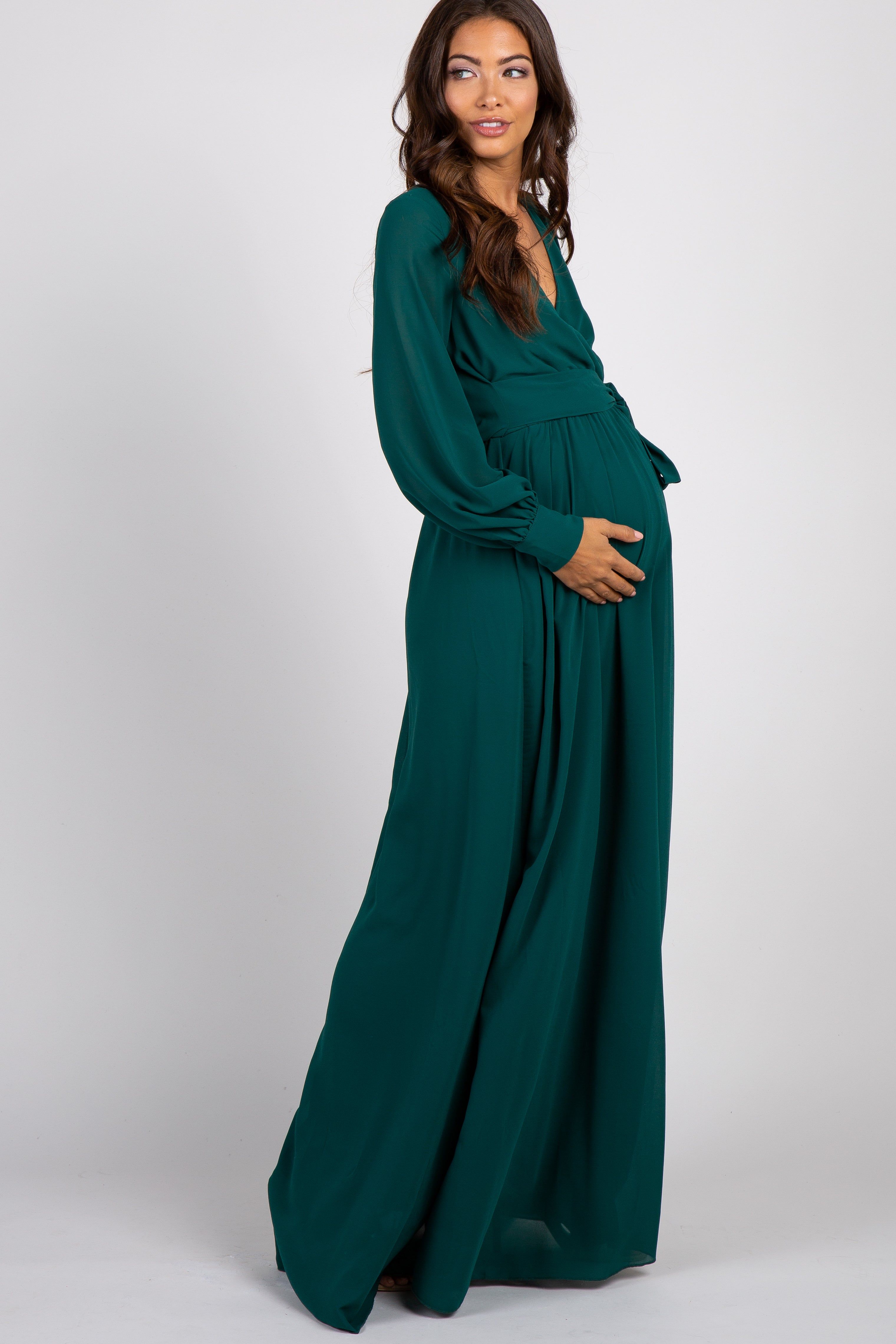 Green Chiffon Long Sleeve Pleated Maternity Maxi Dress sold by Pinkblush product image thumbnail 2