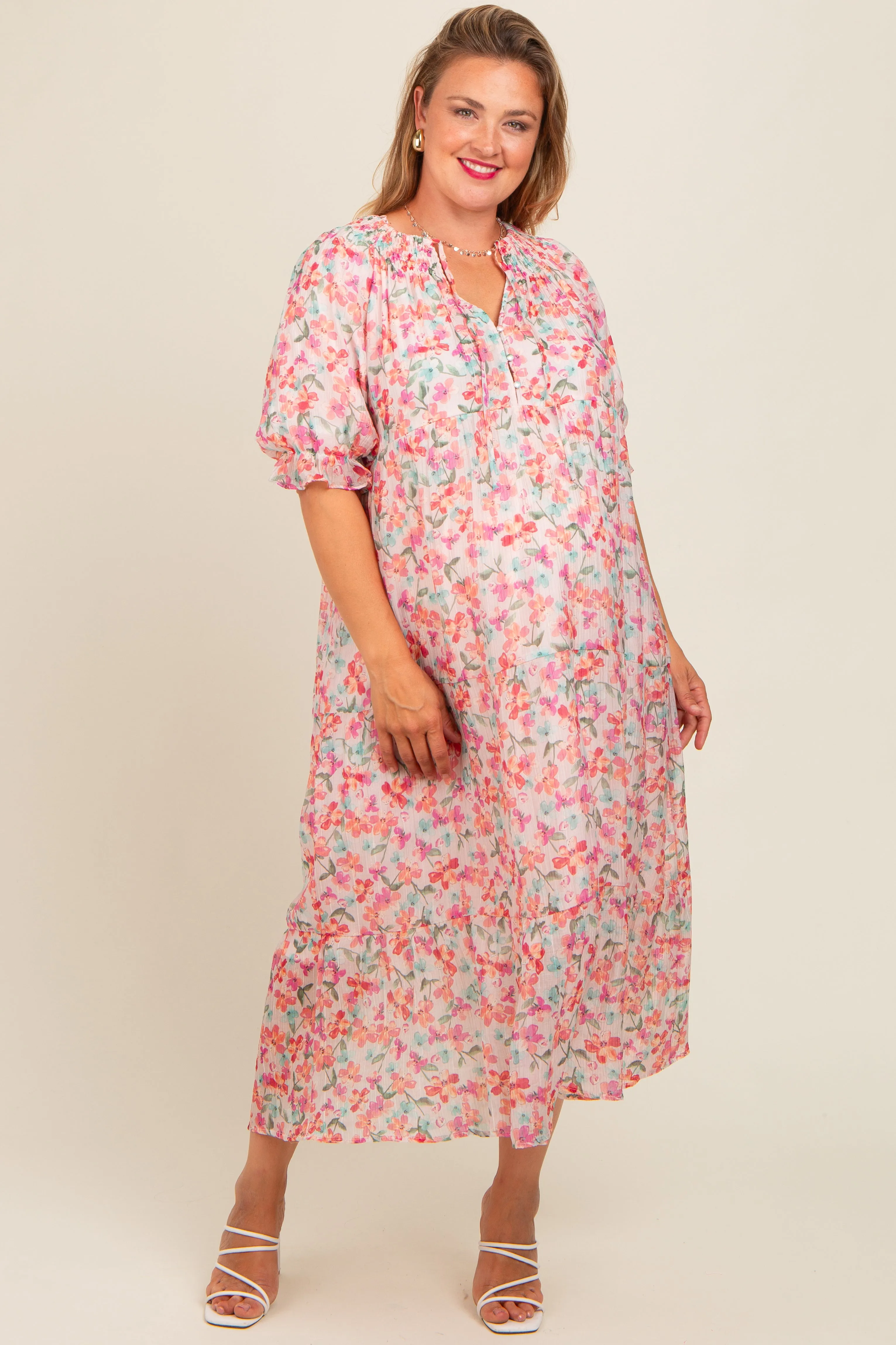 Light Pink Floral Front Tie Button Up Maternity Plus Maxi Dress sold by Pinkblush product image thumbnail 2