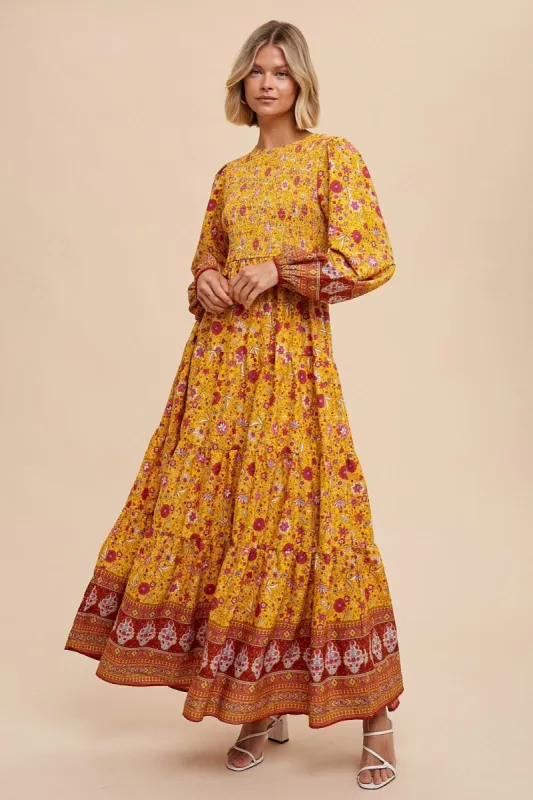 Gold Floral Smocked Tiered Maxi Dress sold by Pinkblush