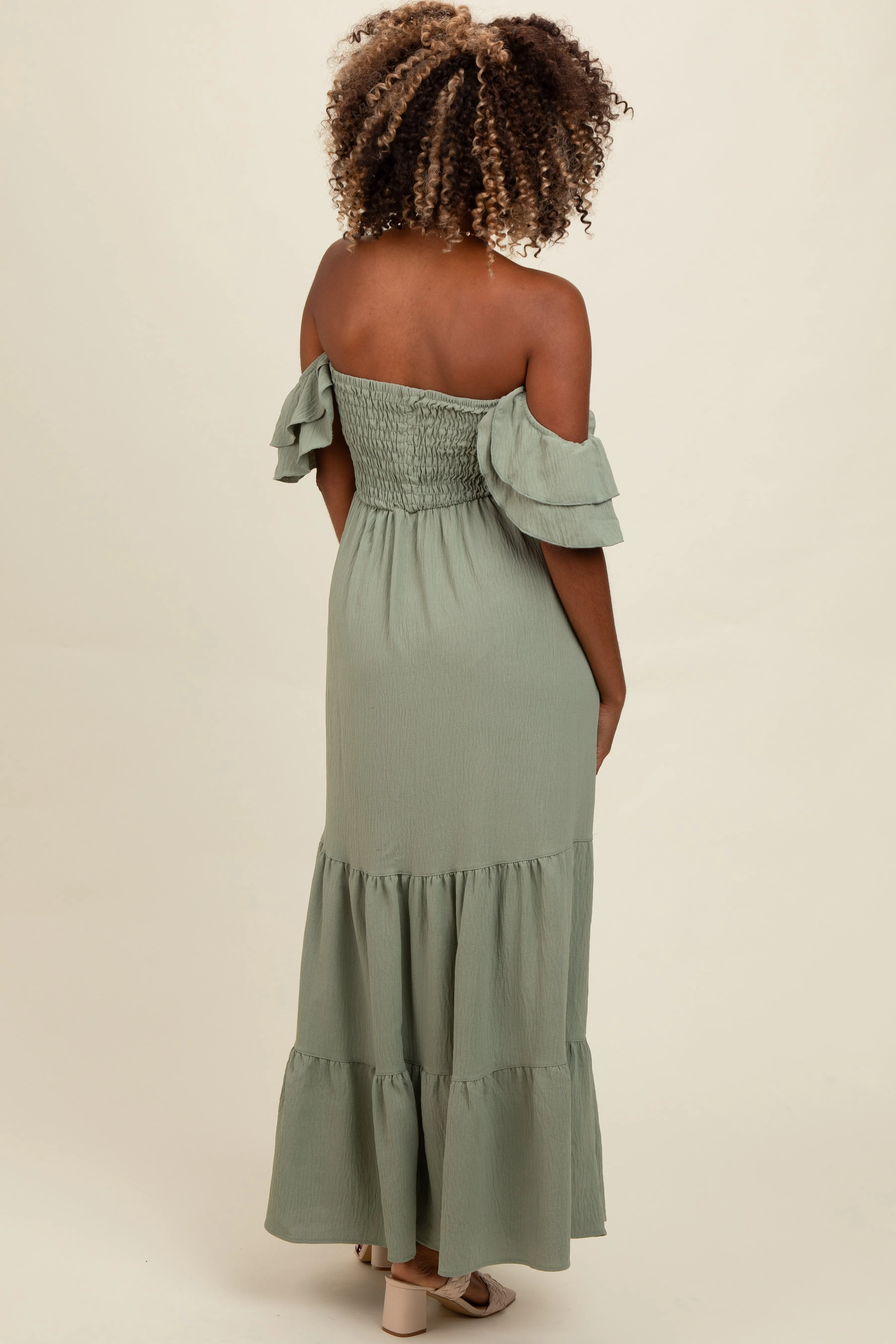 Light Olive Smocked Ruffle Off Shoulder Tiered Maxi Dress sold by Pinkblush product image thumbnail 3