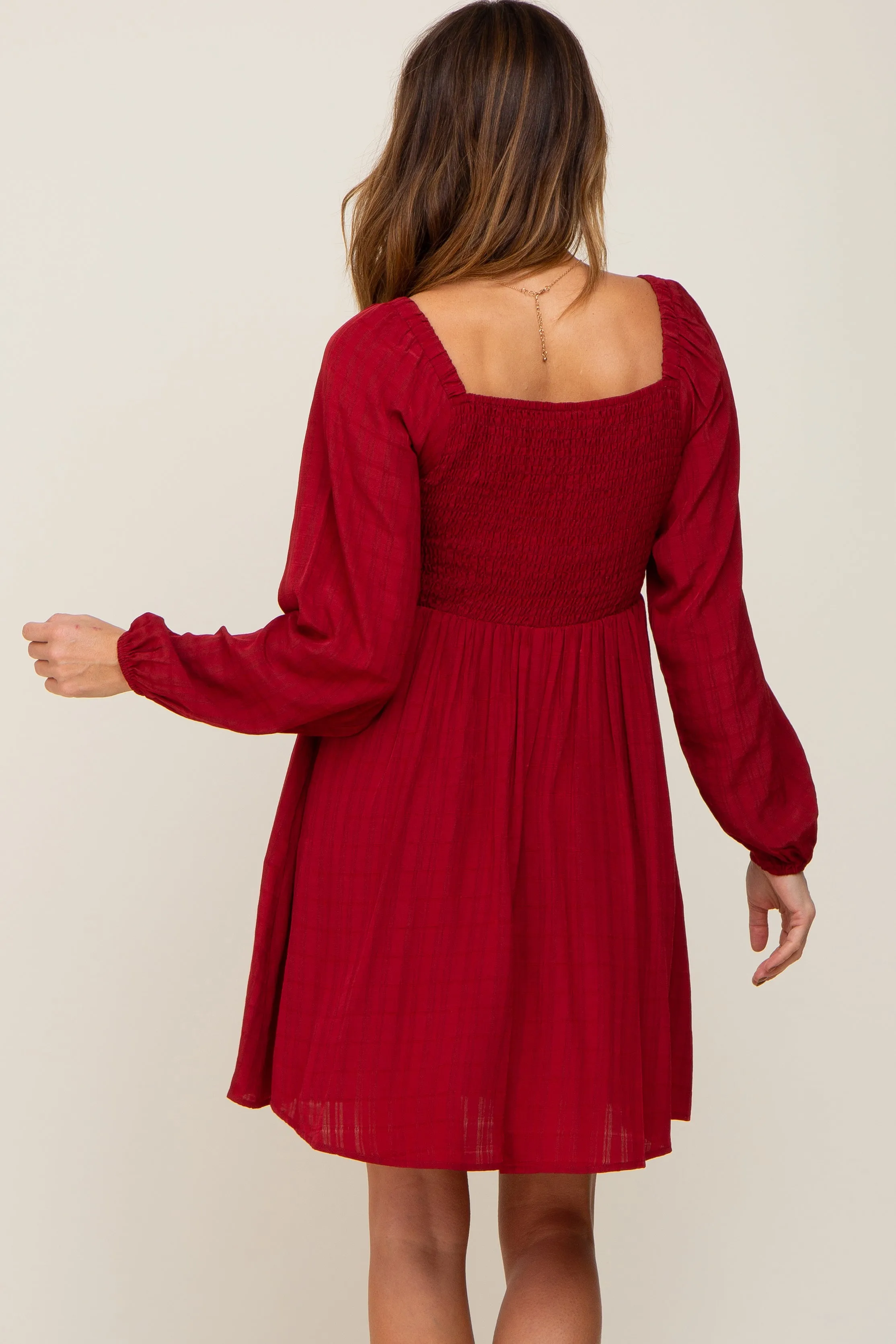 Burgundy Smocked Long Sleeve Dress sold by Pinkblush product image thumbnail 3