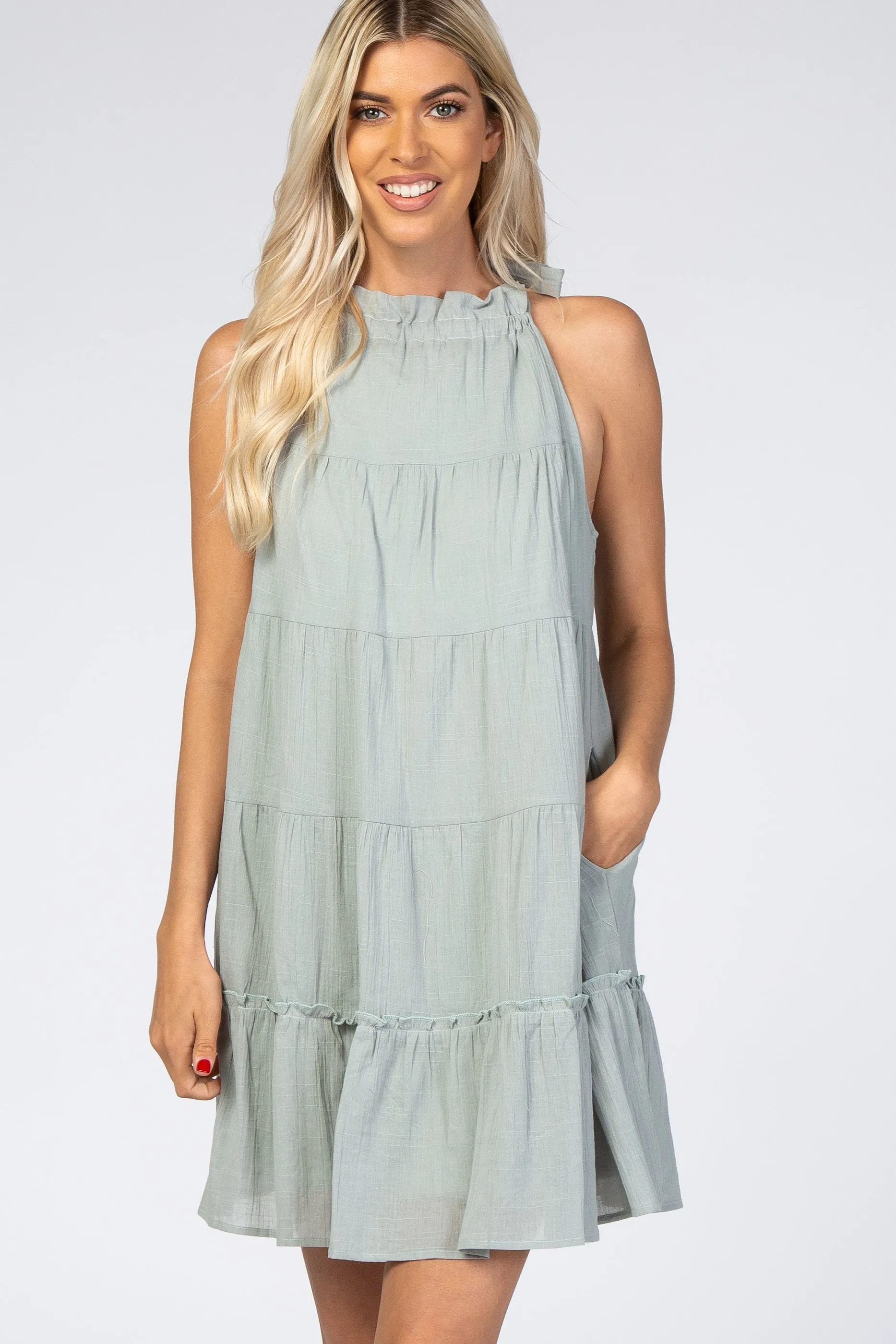 Mint Green Mock Neck Ruffle Tiered Linen Dress sold by Pinkblush product image thumbnail 4
