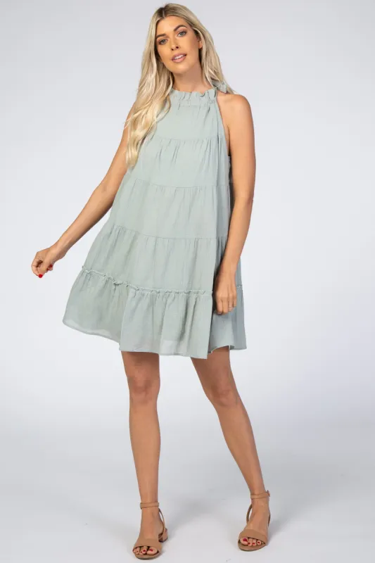 Mint Green Mock Neck Ruffle Tiered Linen Dress sold by Pinkblush