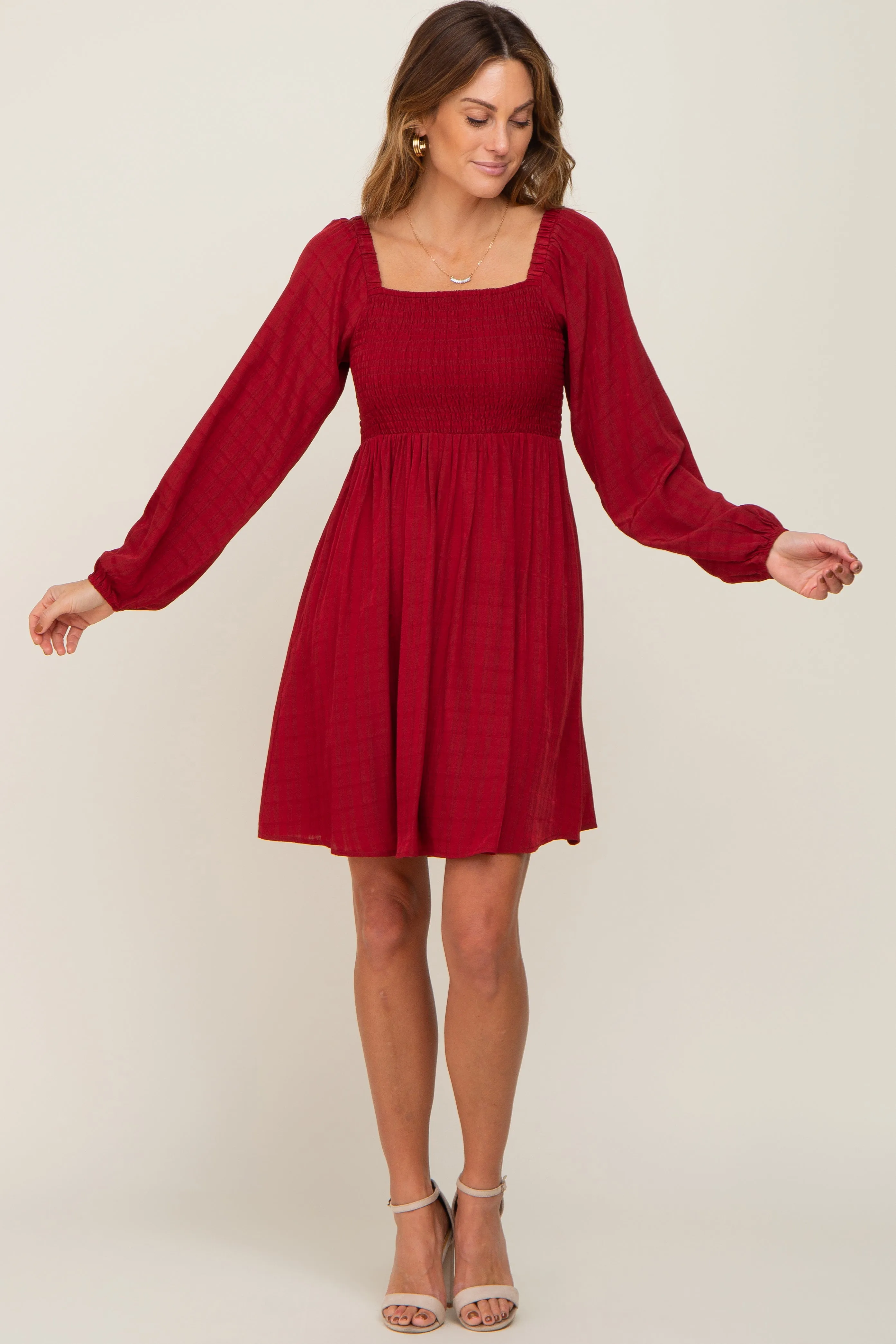 Burgundy Smocked Long Sleeve Dress sold by Pinkblush product image thumbnail 4