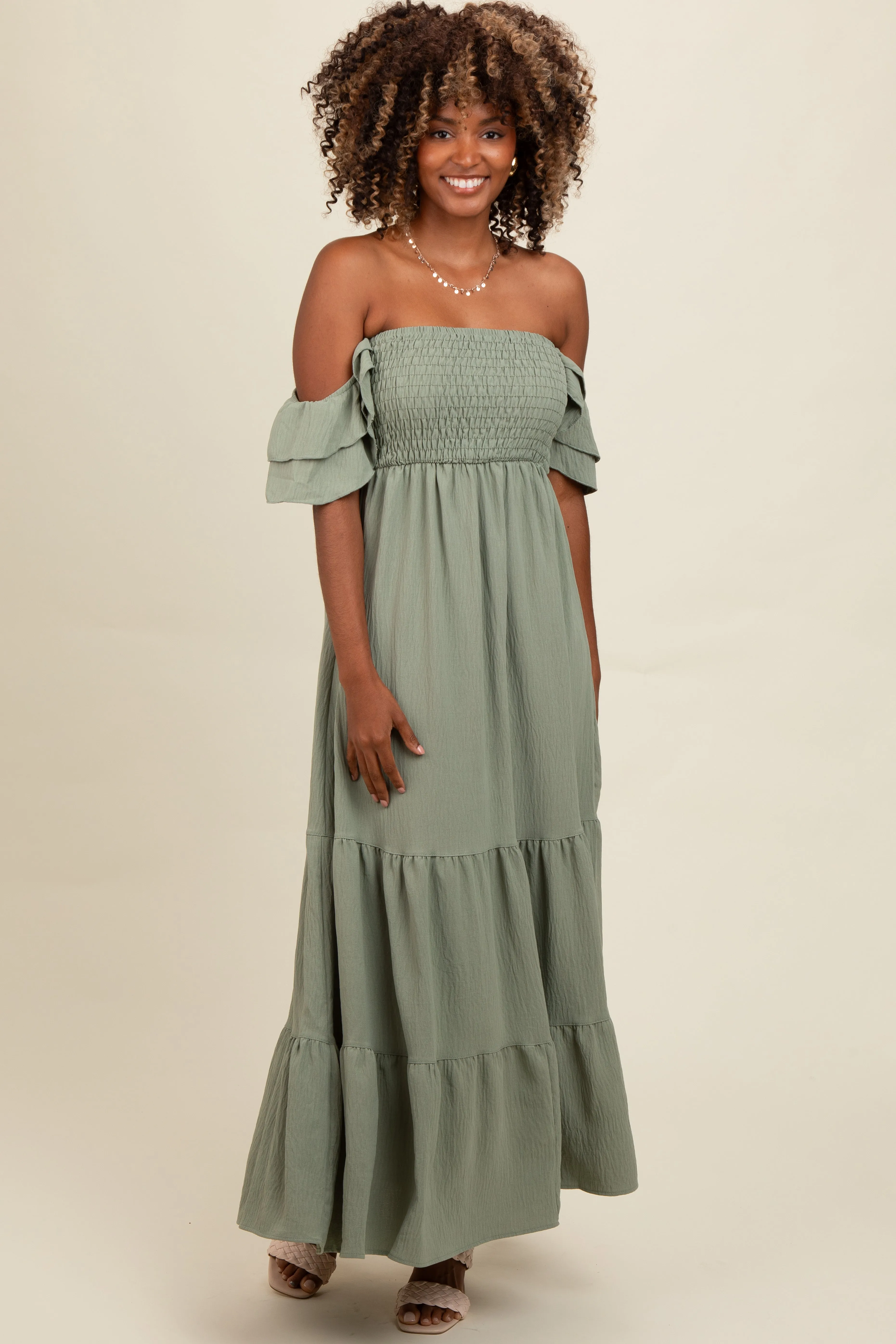Light Olive Smocked Ruffle Off Shoulder Tiered Maxi Dress sold by Pinkblush