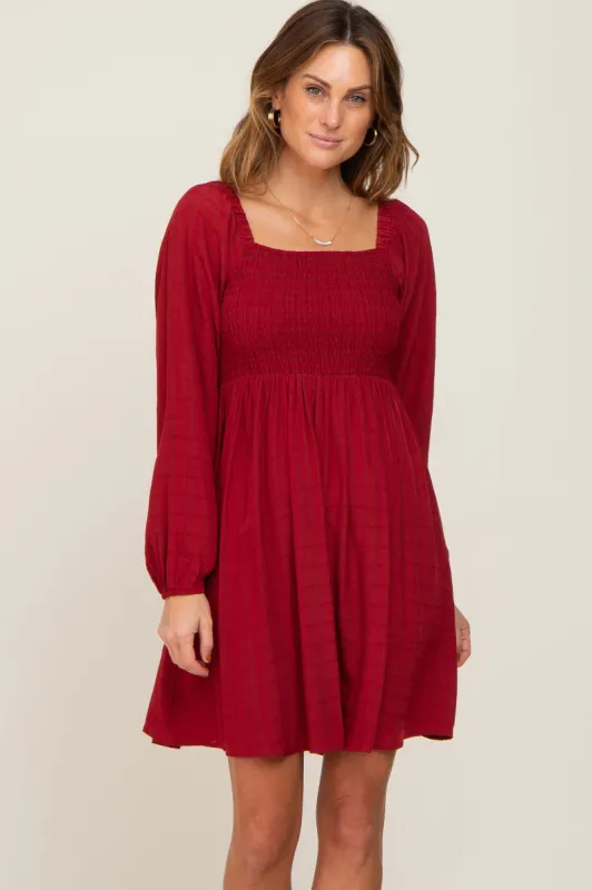 Burgundy Smocked Long Sleeve Dress sold by Pinkblush