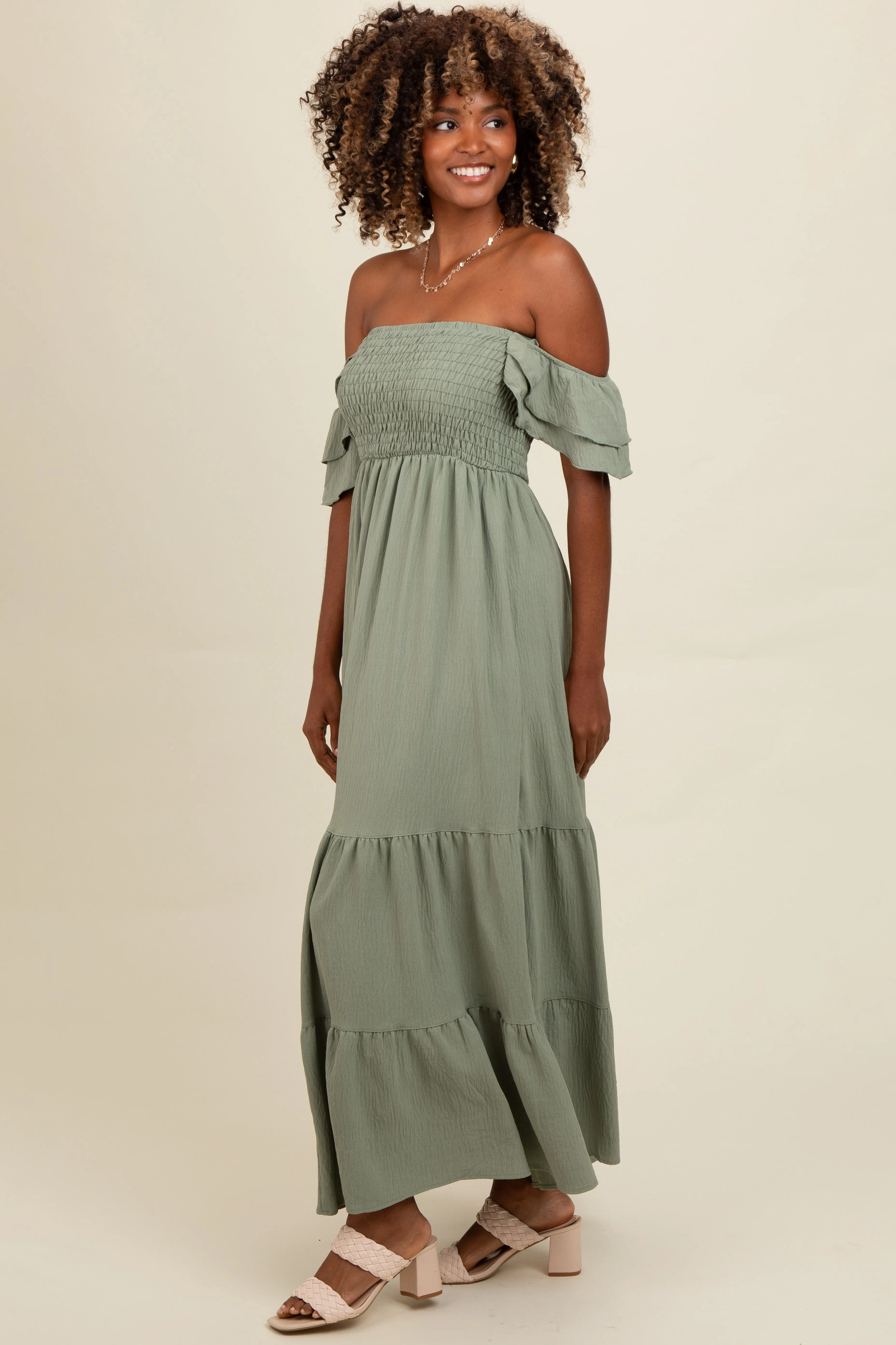 Light Olive Smocked Ruffle Off Shoulder Tiered Maxi Dress sold by Pinkblush product image thumbnail 2