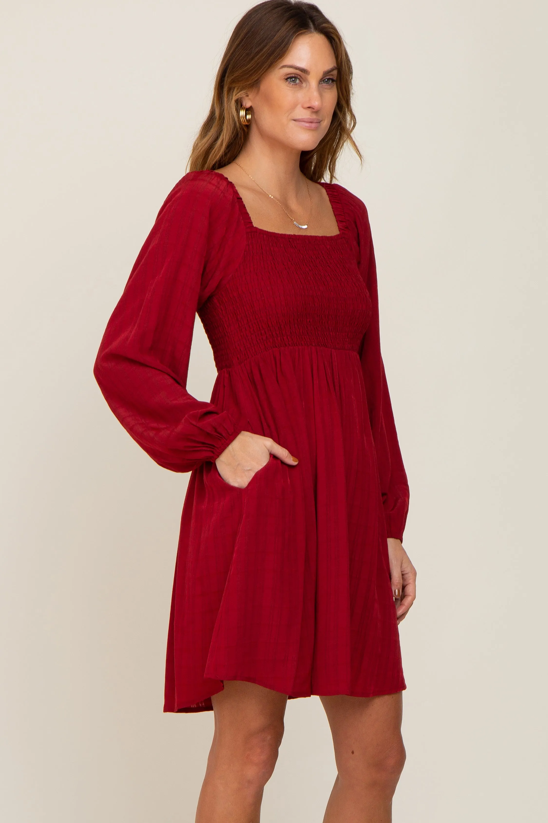 Burgundy Smocked Long Sleeve Dress sold by Pinkblush product image thumbnail 2