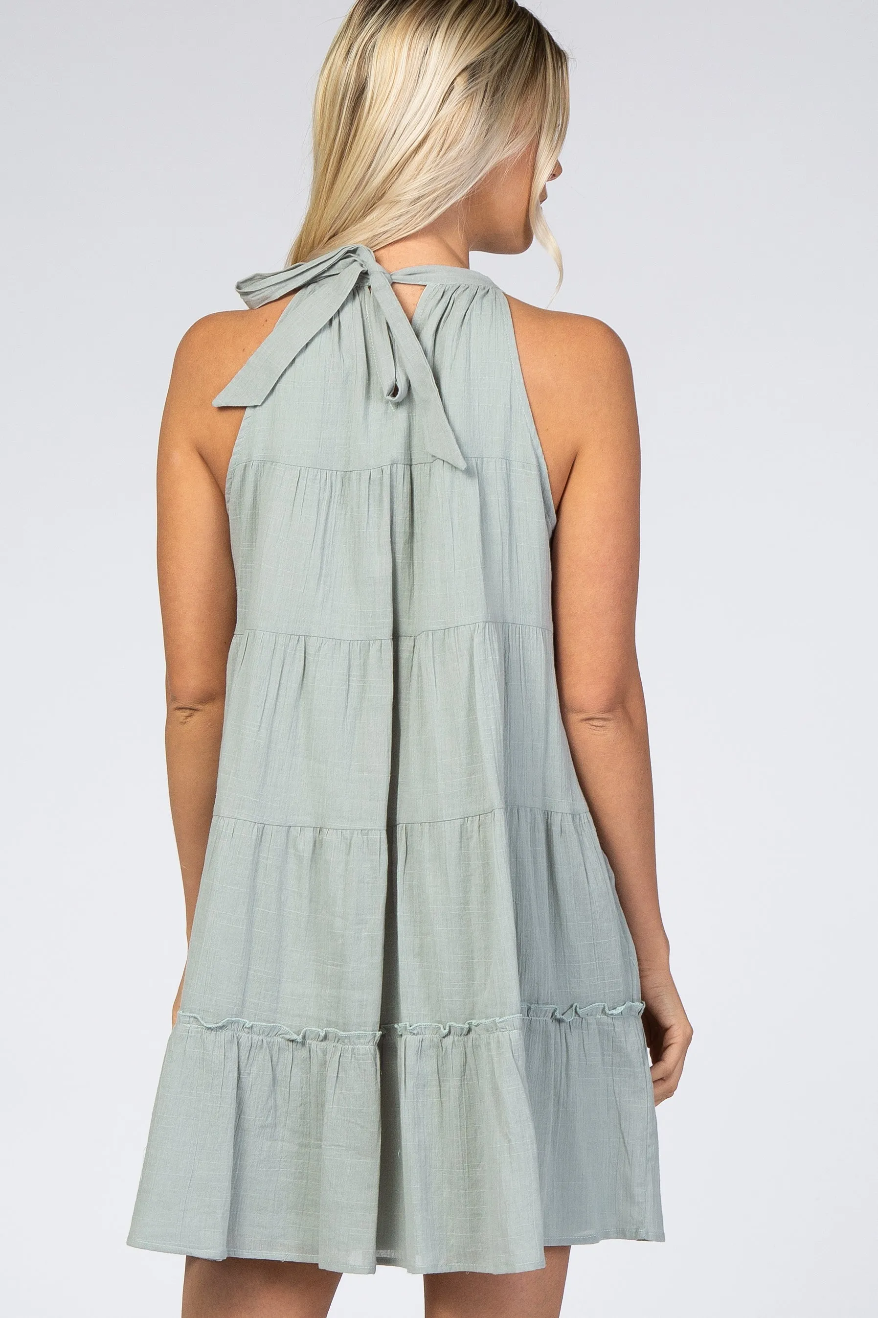 Mint Green Mock Neck Ruffle Tiered Linen Dress sold by Pinkblush product image thumbnail 3