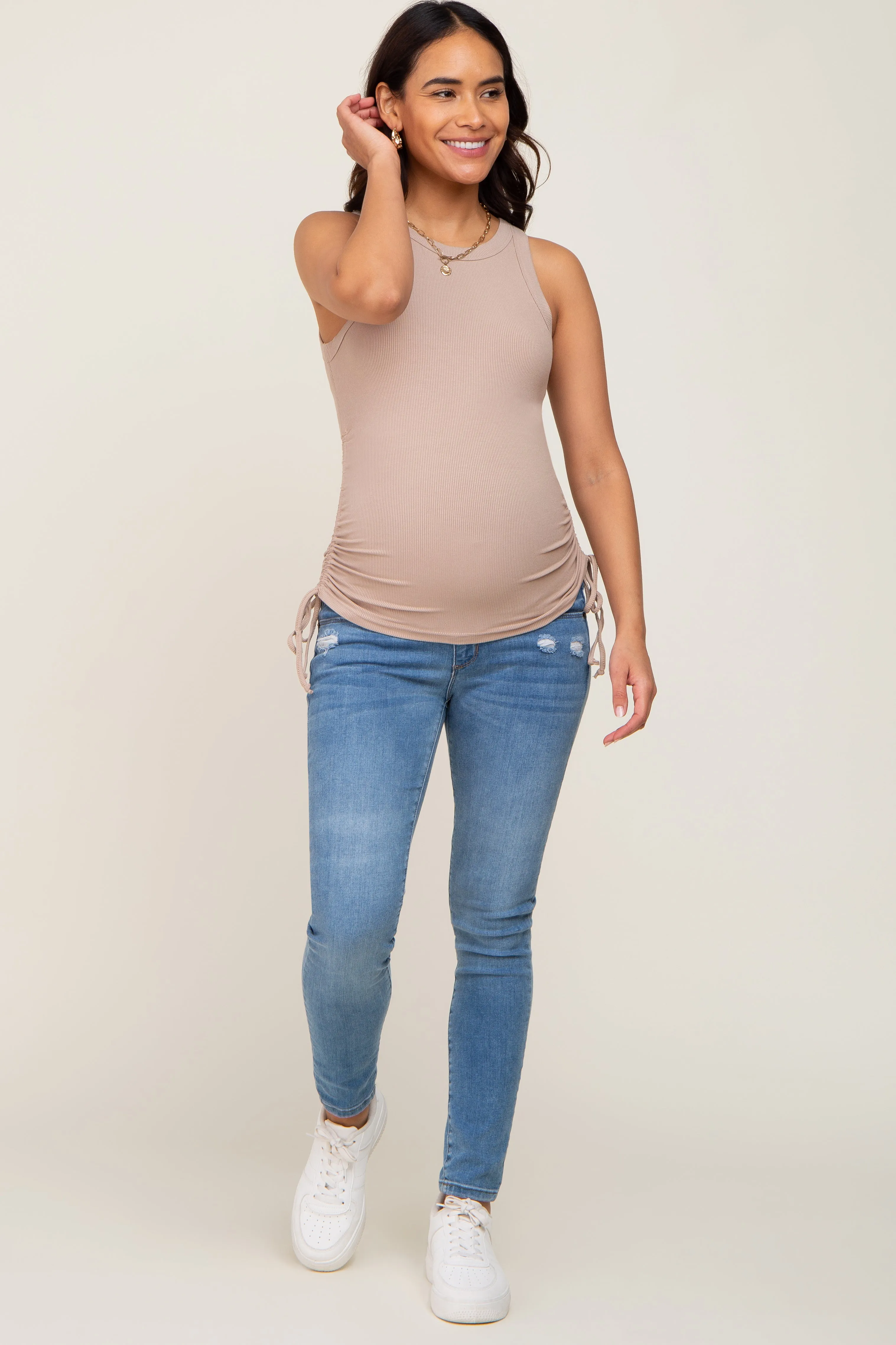 Taupe Ruched Tie Maternity Tank Top sold by Pinkblush product image thumbnail 4