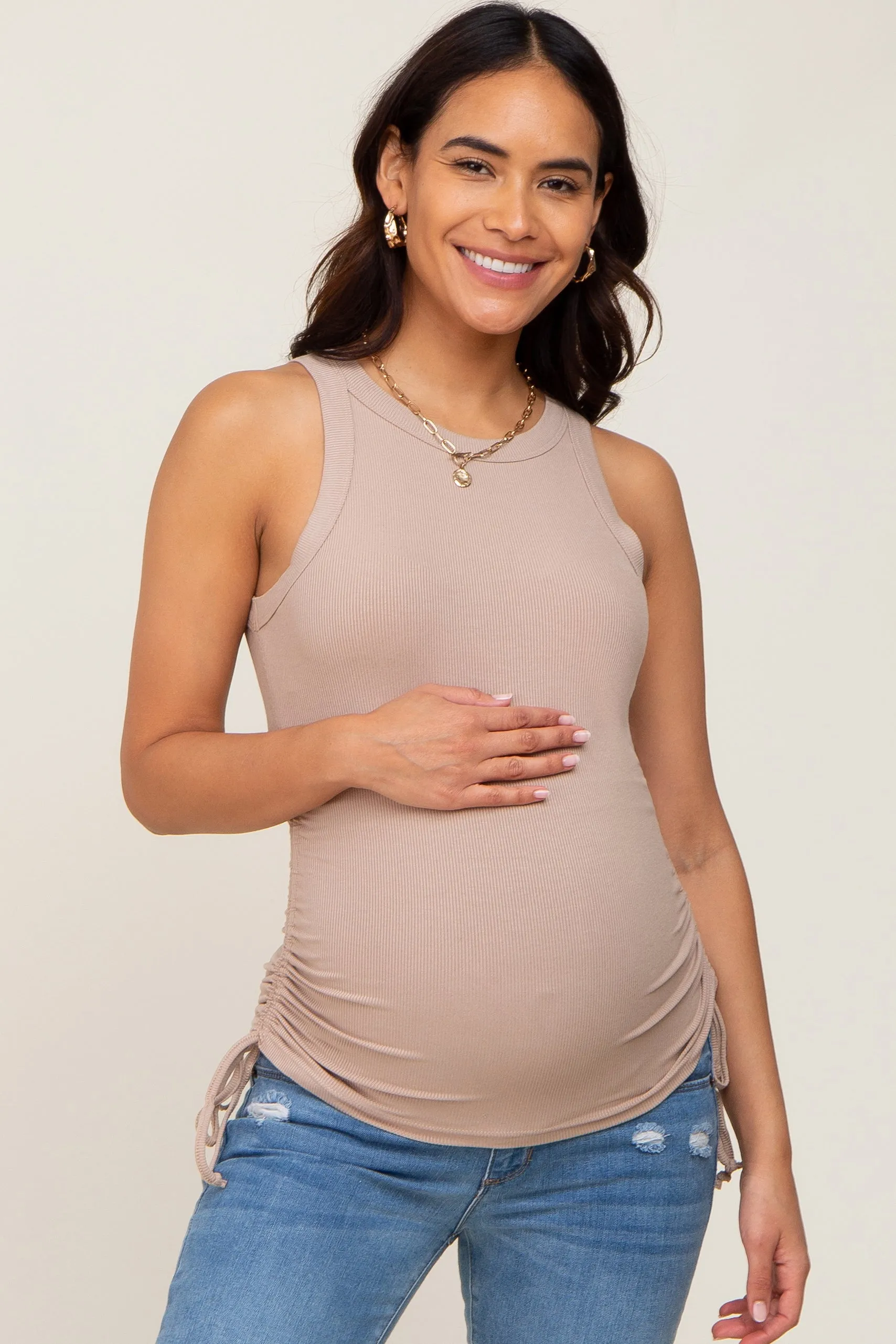 Taupe Ruched Tie Maternity Tank Top sold by Pinkblush