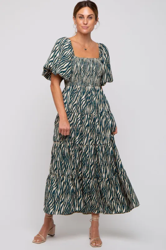 Teal Printed Smocked Maxi Dress sold by Pinkblush