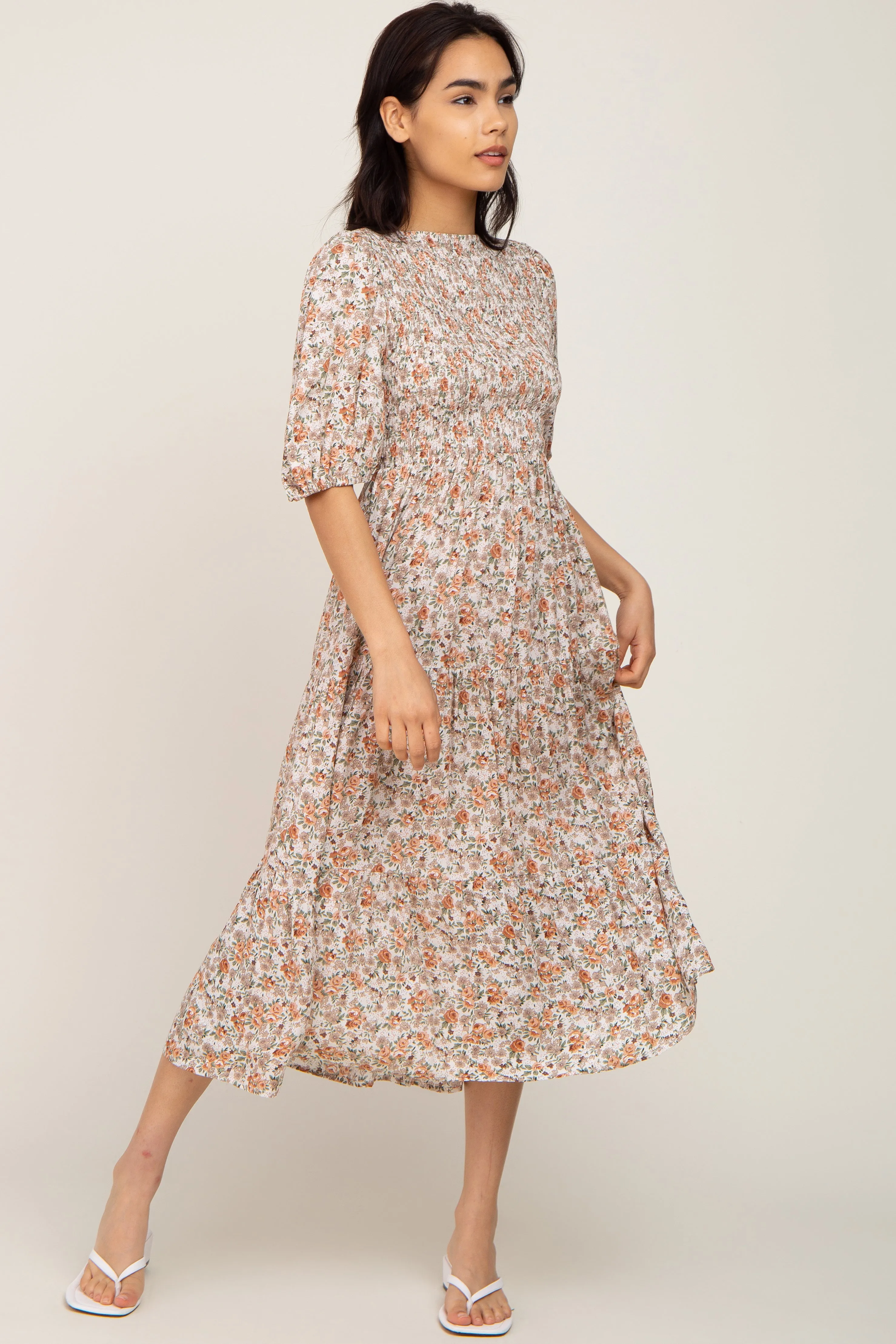 Taupe Floral Smocked Tiered Midi Dress sold by Pinkblush product image thumbnail 5