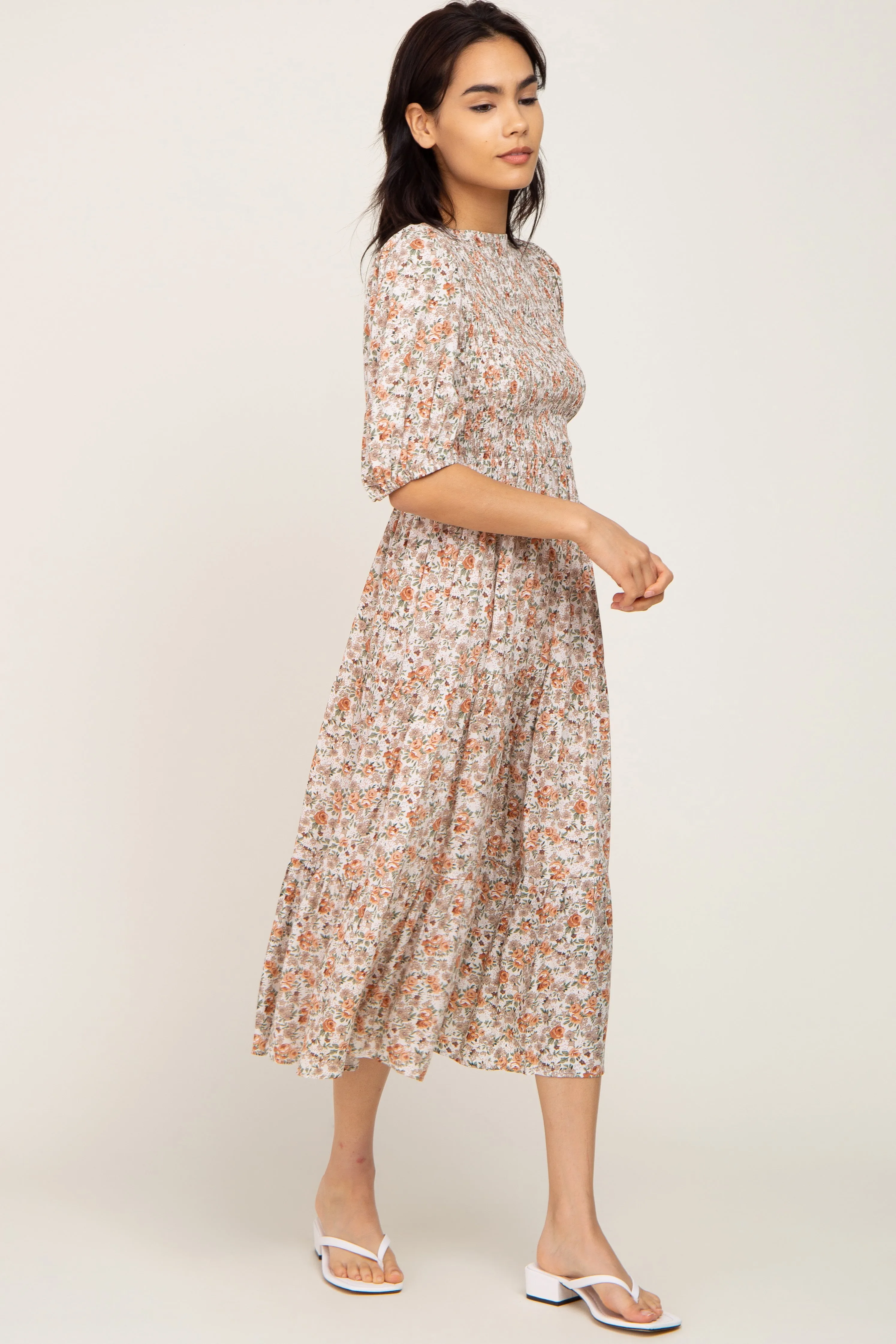 Taupe Floral Smocked Tiered Midi Dress sold by Pinkblush product image thumbnail 2