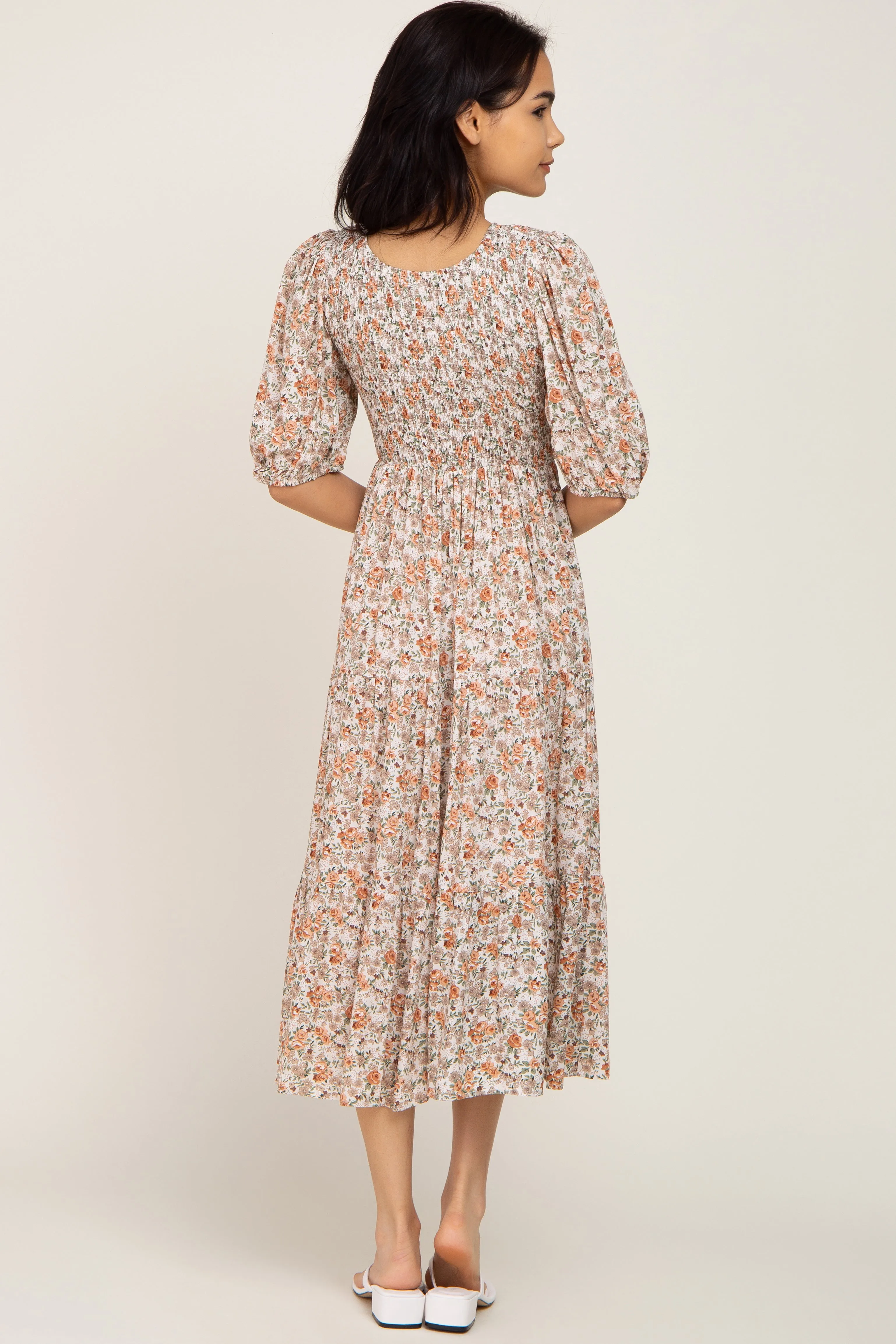 Taupe Floral Smocked Tiered Midi Dress sold by Pinkblush product image thumbnail 3