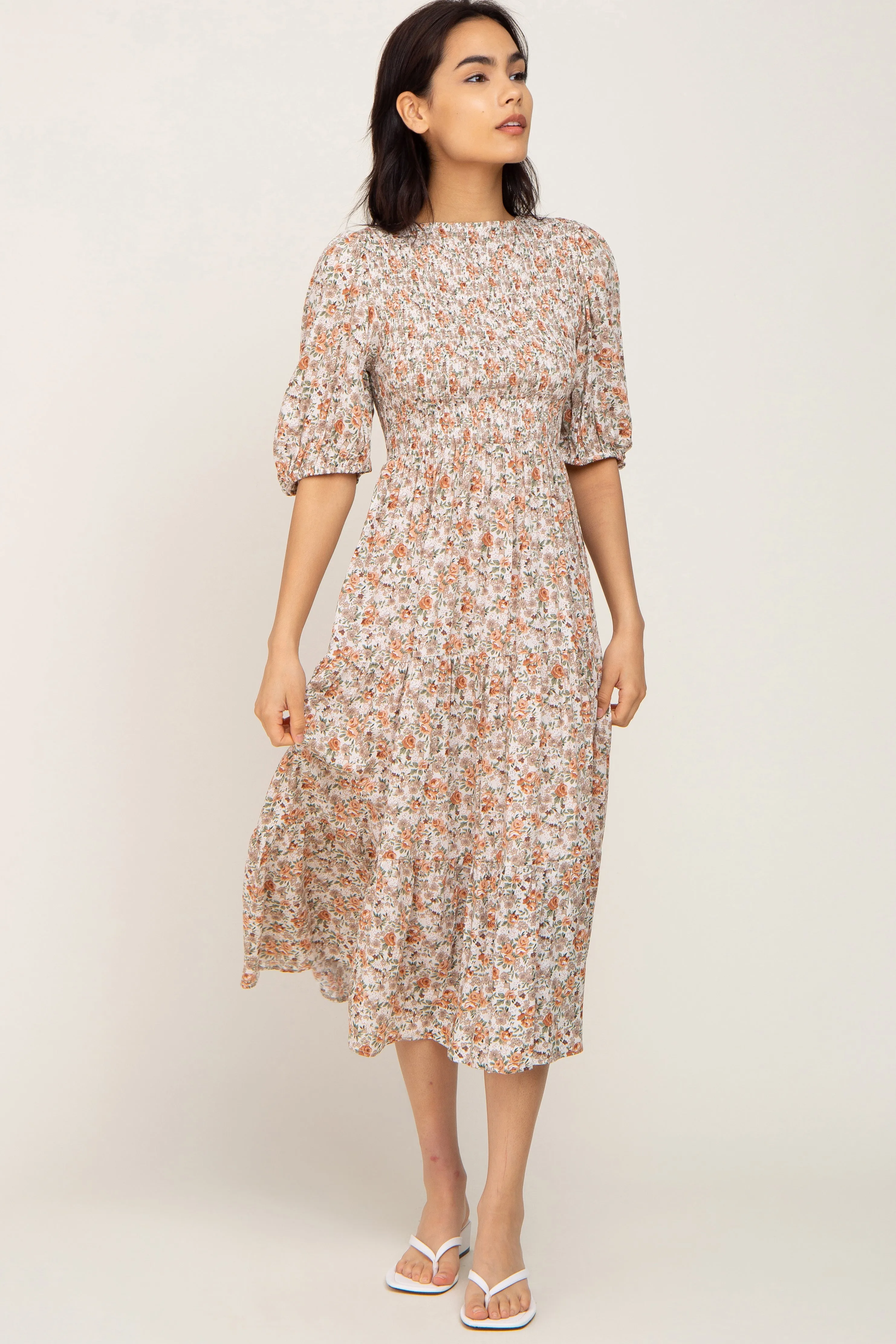 Taupe Floral Smocked Tiered Midi Dress sold by Pinkblush