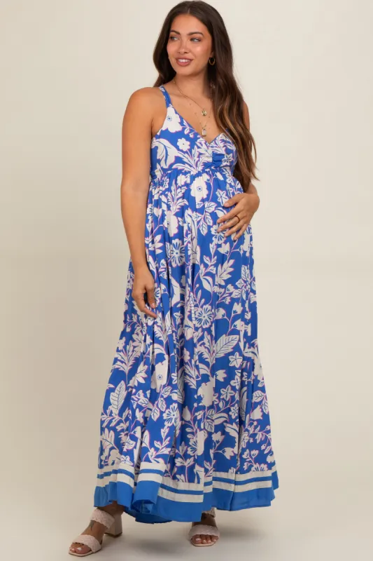 Blue Floral Cutout Back Tie Maternity Maxi Dress sold by Pinkblush