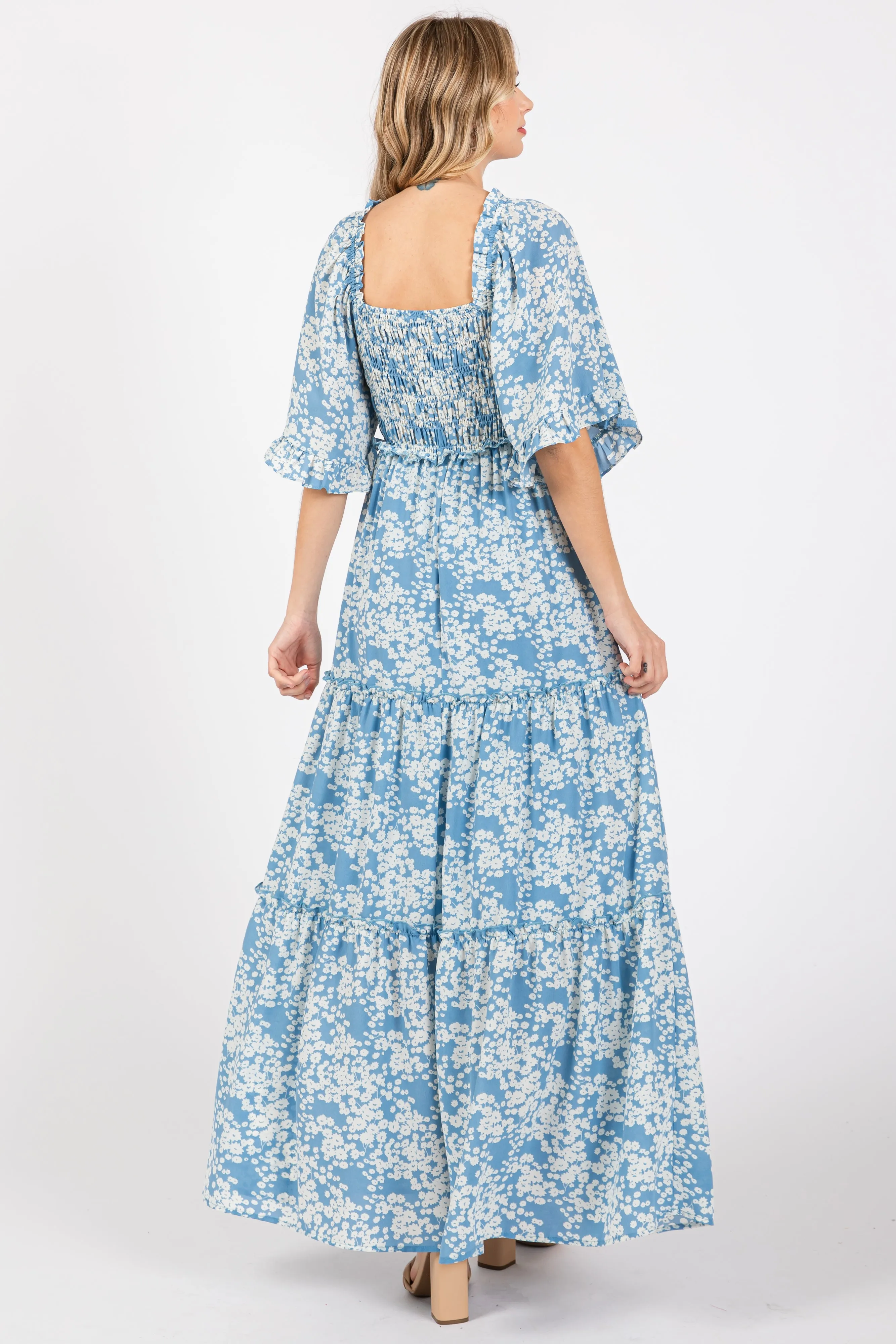 Blue Floral Smocked V-Neck Ruffle Tiered Maxi Dress sold by Pinkblush product image thumbnail 3