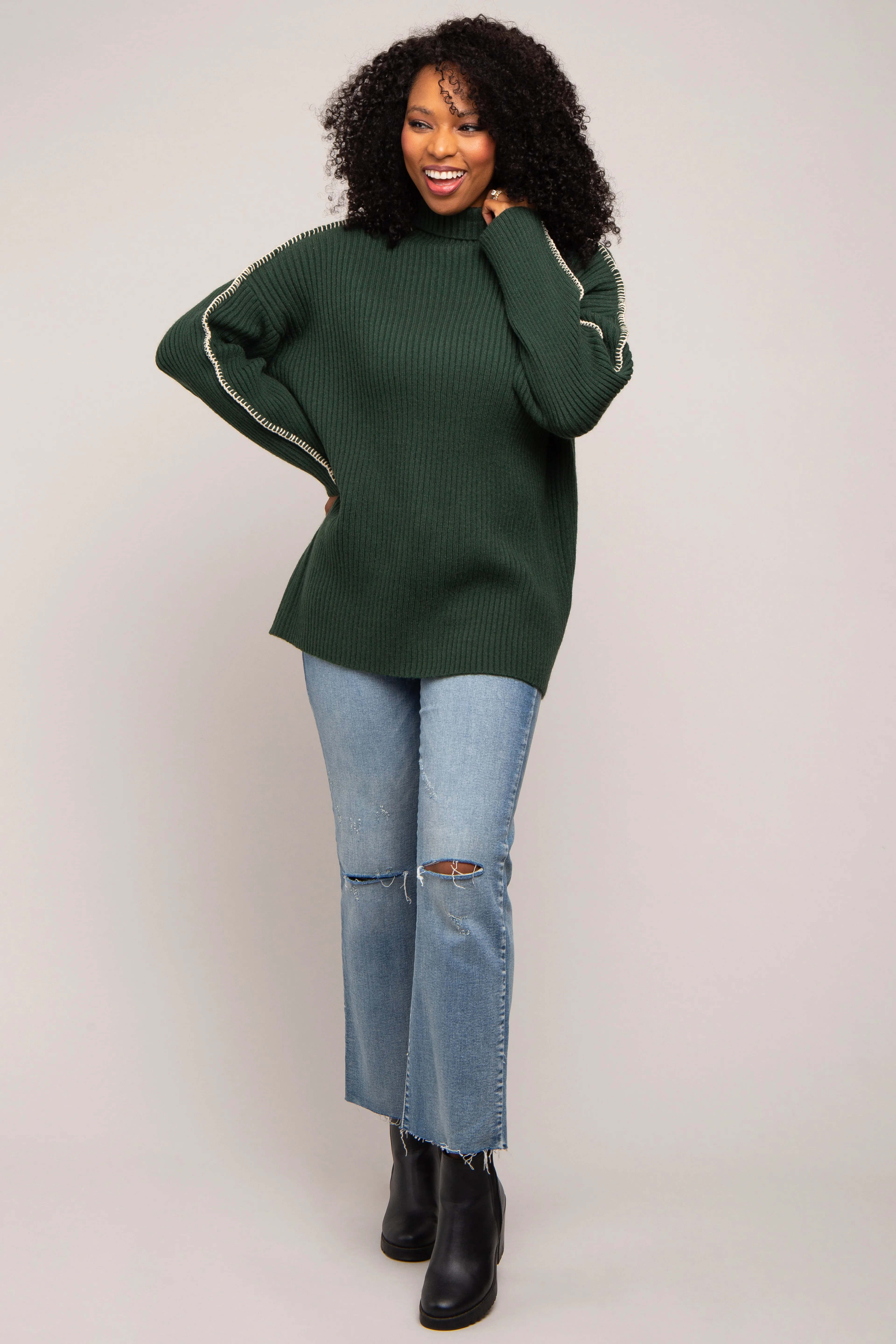 Forest Green Contrast Stitch Turtleneck Sweater sold by Pinkblush product image thumbnail 5