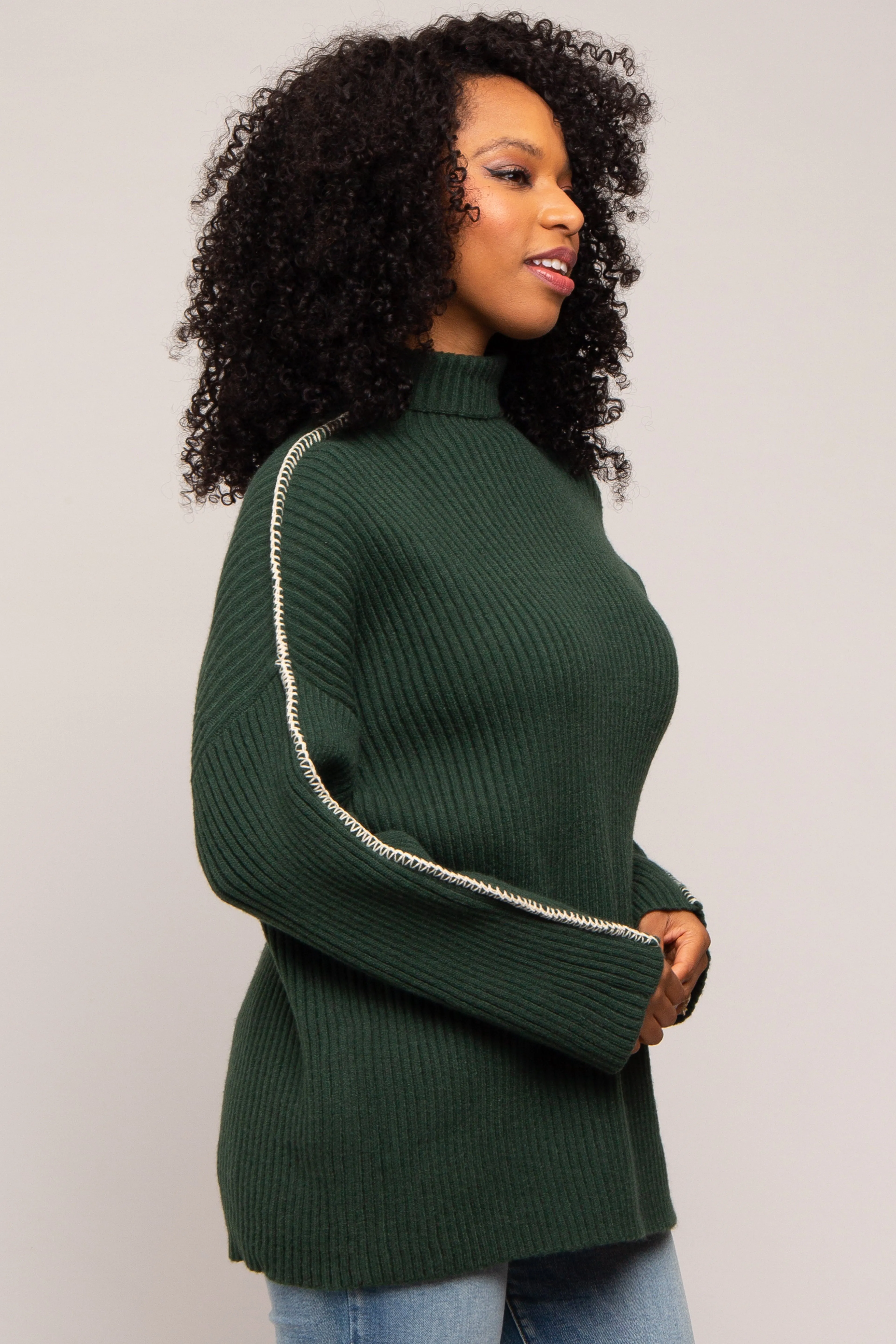 Forest Green Contrast Stitch Turtleneck Sweater sold by Pinkblush product image thumbnail 2