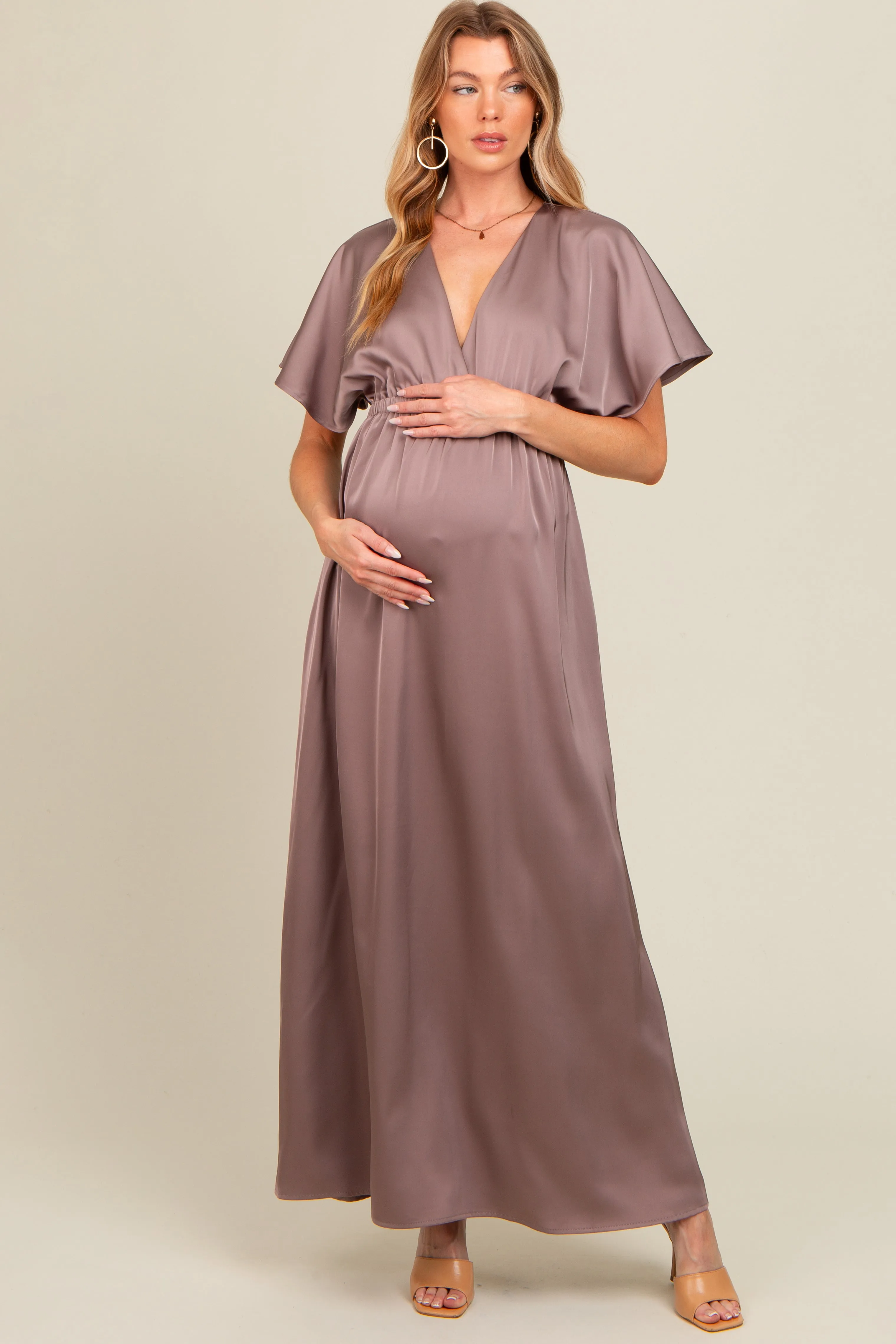 Taupe Satin V-Neck Flutter Short Sleeve Maternity Maxi Dress sold by Pinkblush product image thumbnail 3