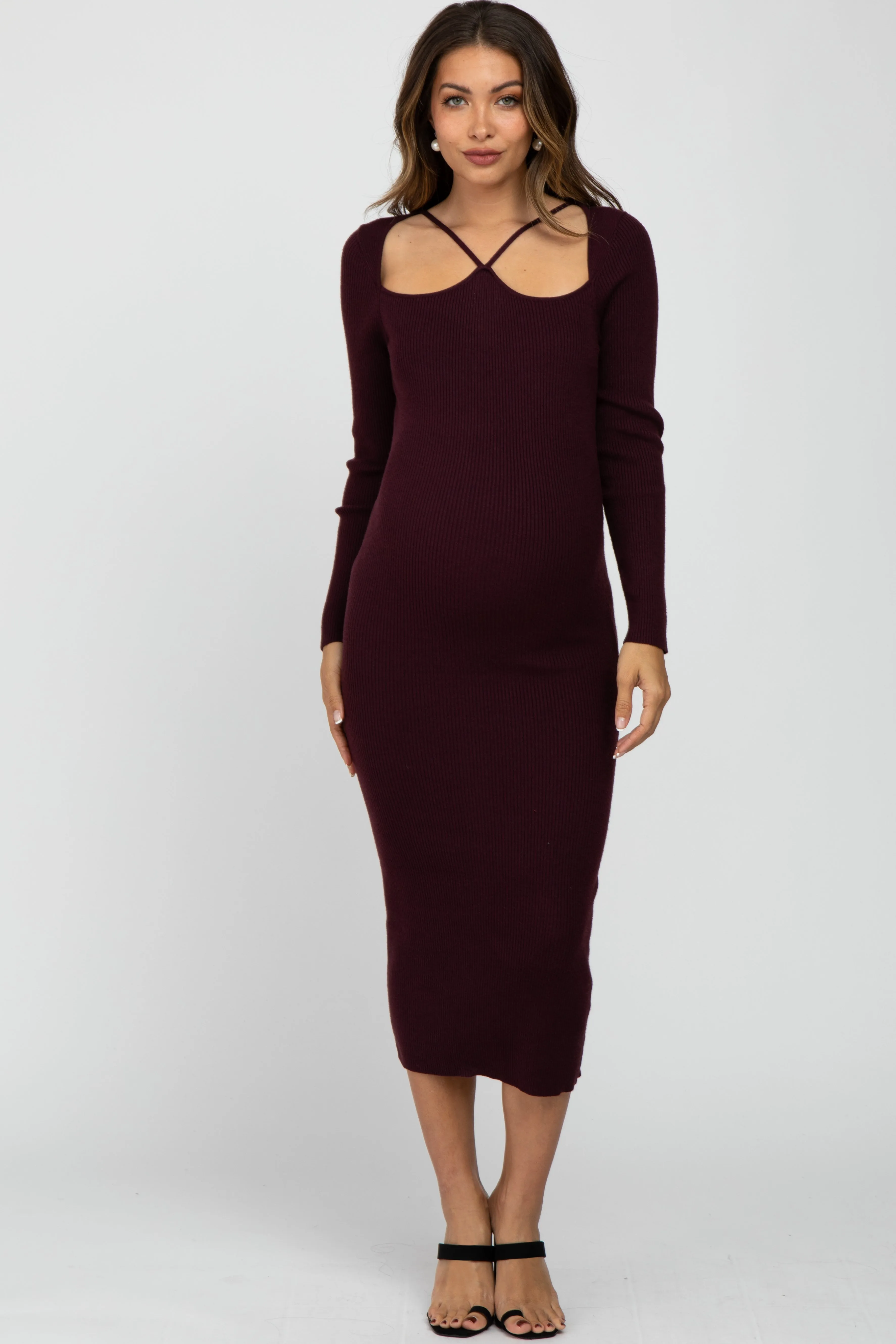 Plum Ribbed Strap Front Cutout Maternity Midi Dress sold by Pinkblush product image thumbnail 3