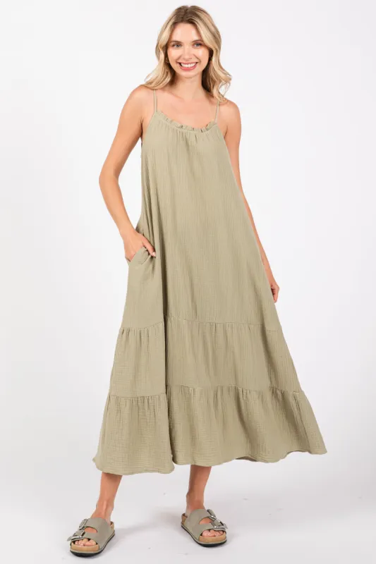 Olive Tiered Hem Midi Dress sold by Pinkblush