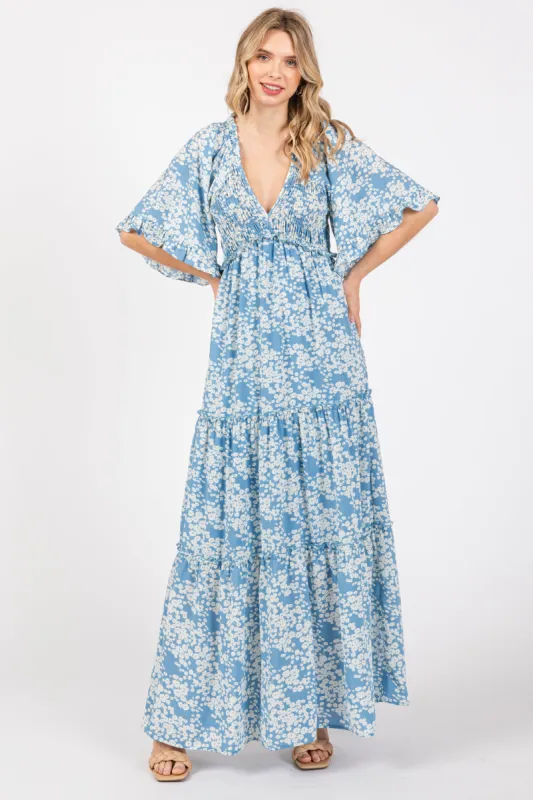Blue Floral Smocked V-Neck Ruffle Tiered Maxi Dress sold by Pinkblush