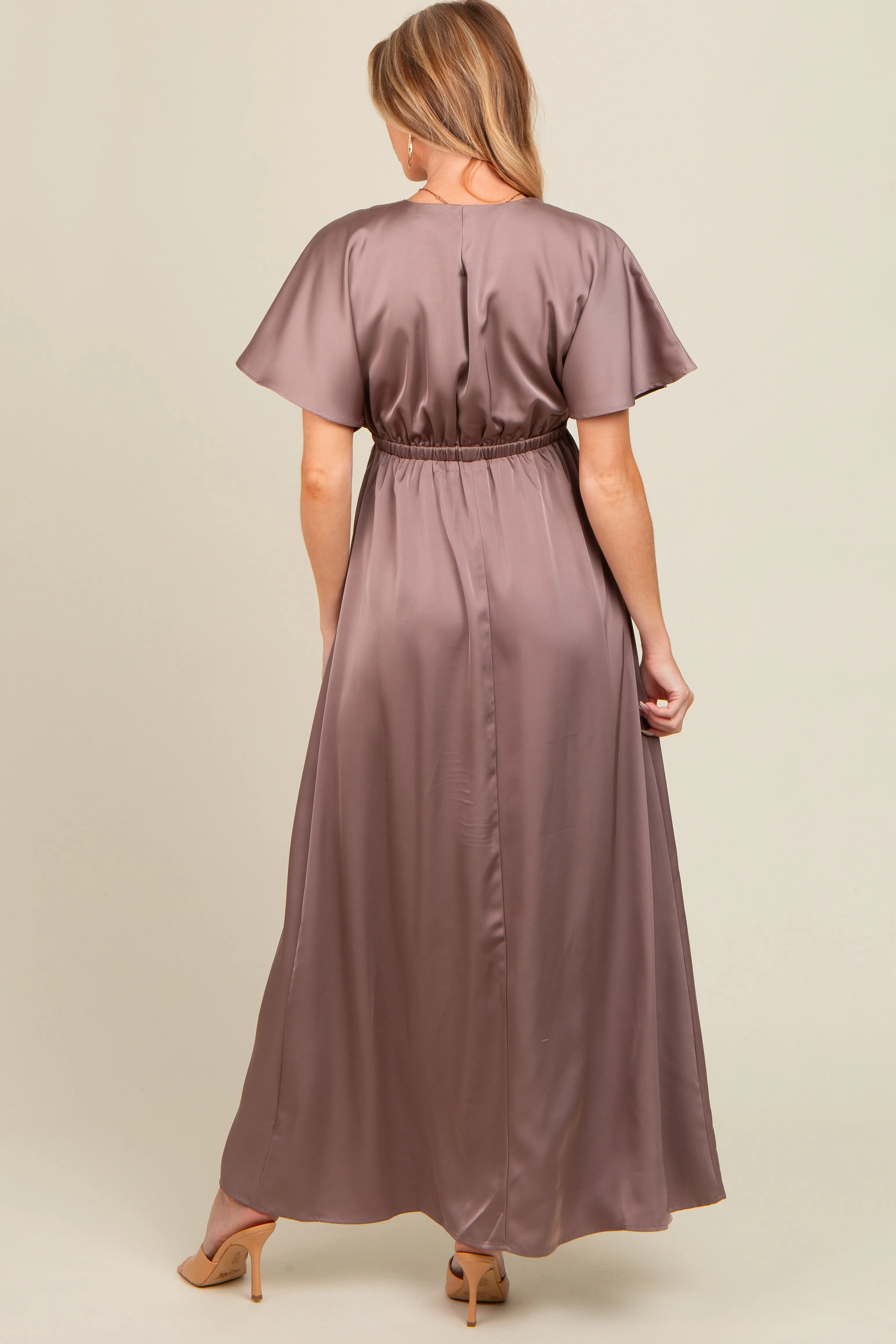 Taupe Satin V-Neck Flutter Short Sleeve Maternity Maxi Dress sold by Pinkblush product image thumbnail 4