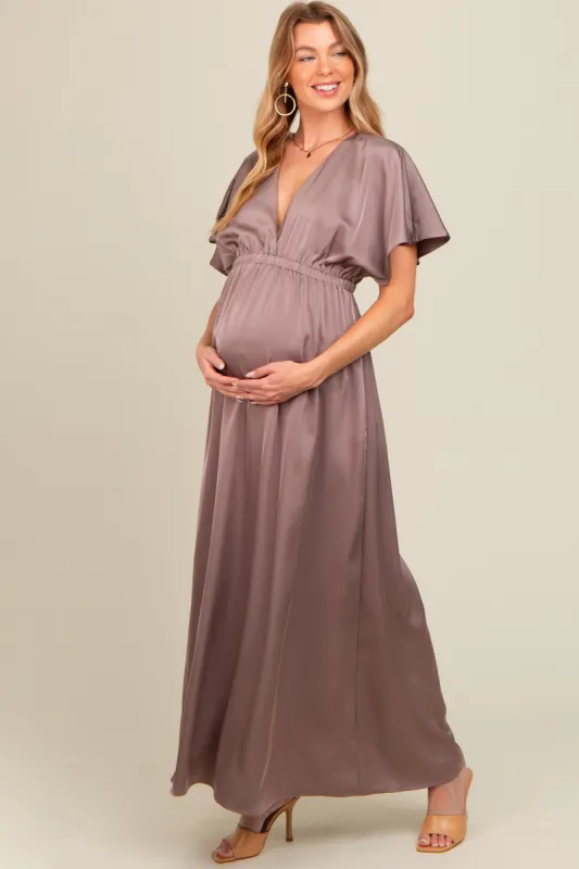 Taupe Satin V-Neck Flutter Short Sleeve Maternity Maxi Dress sold by Pinkblush