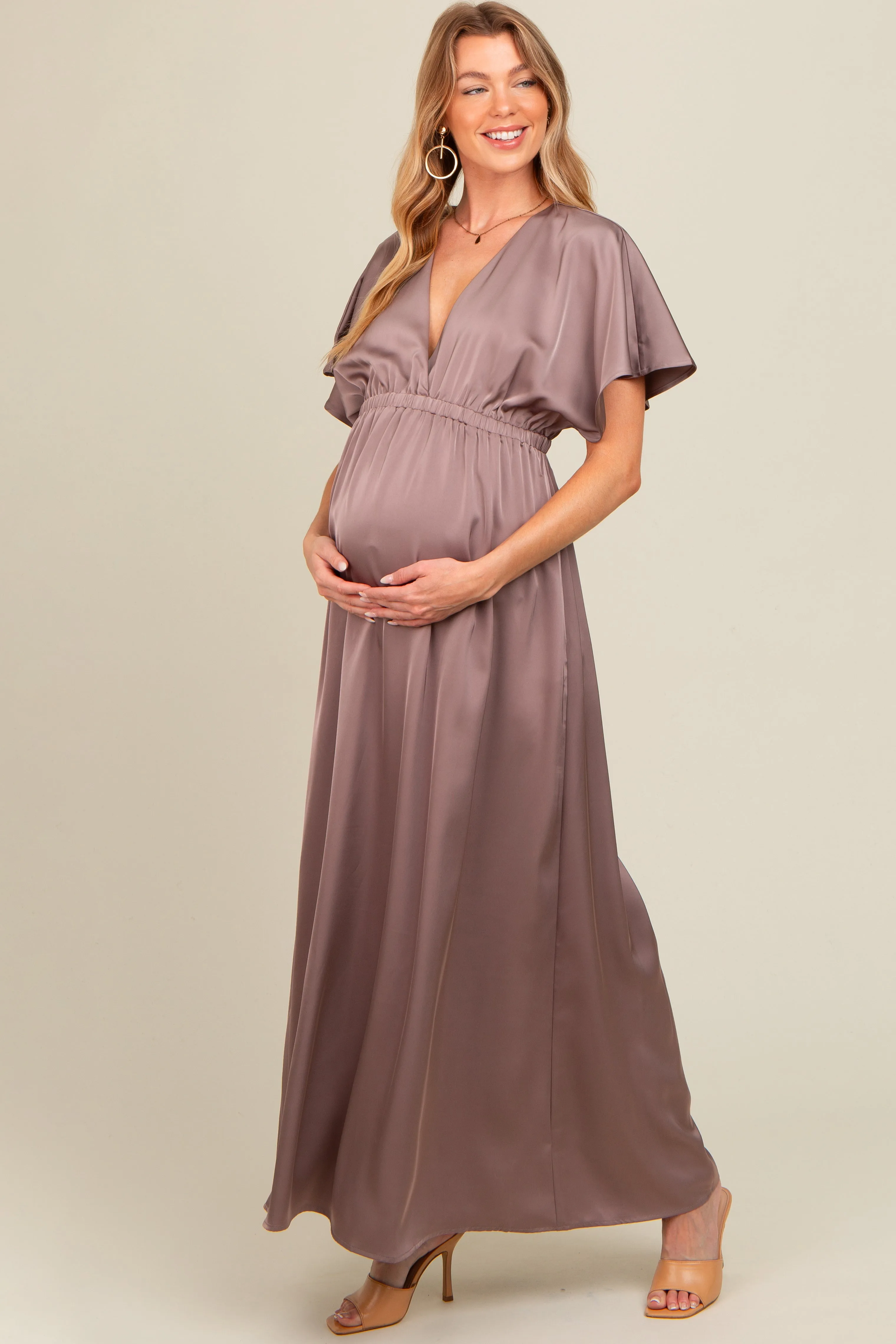 Taupe Satin V-Neck Flutter Short Sleeve Maternity Maxi Dress sold by Pinkblush