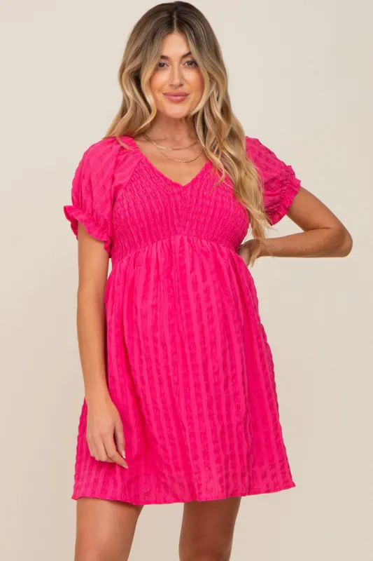 Fuchsia Smocked Textured V-Neck Maternity Dress sold by Pinkblush