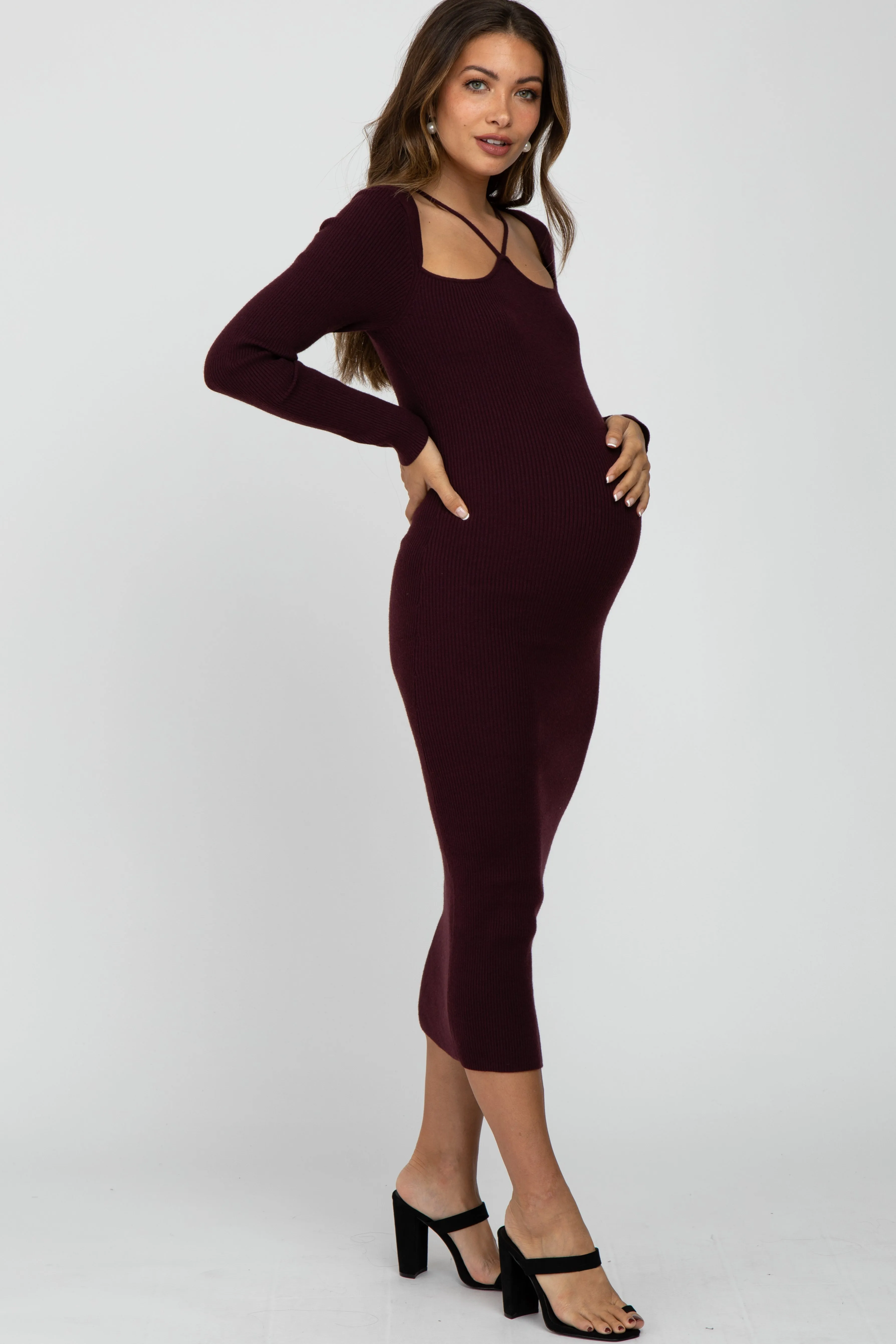 Plum Ribbed Strap Front Cutout Maternity Midi Dress sold by Pinkblush product image thumbnail 4