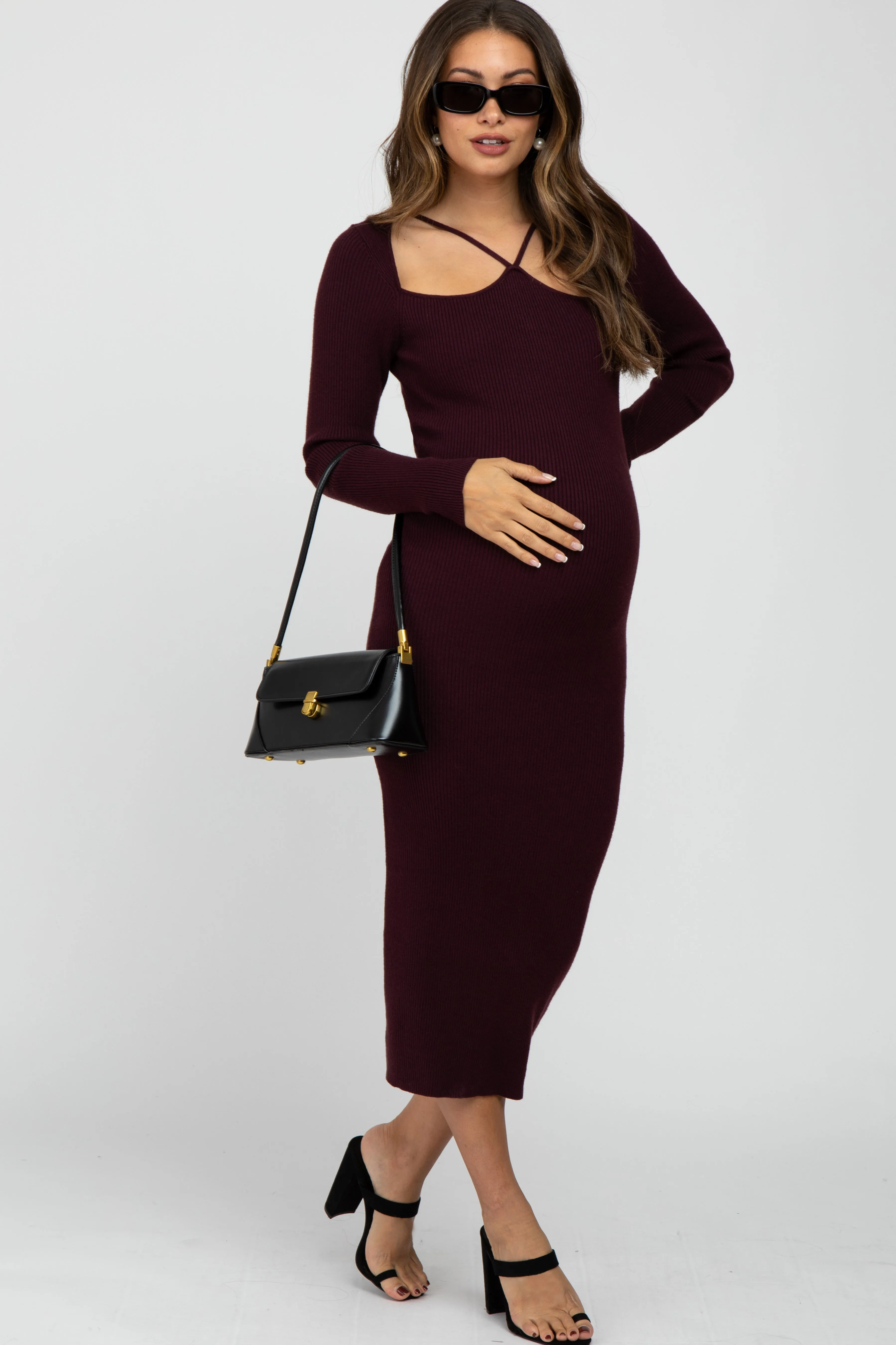Plum Ribbed Strap Front Cutout Maternity Midi Dress sold by Pinkblush