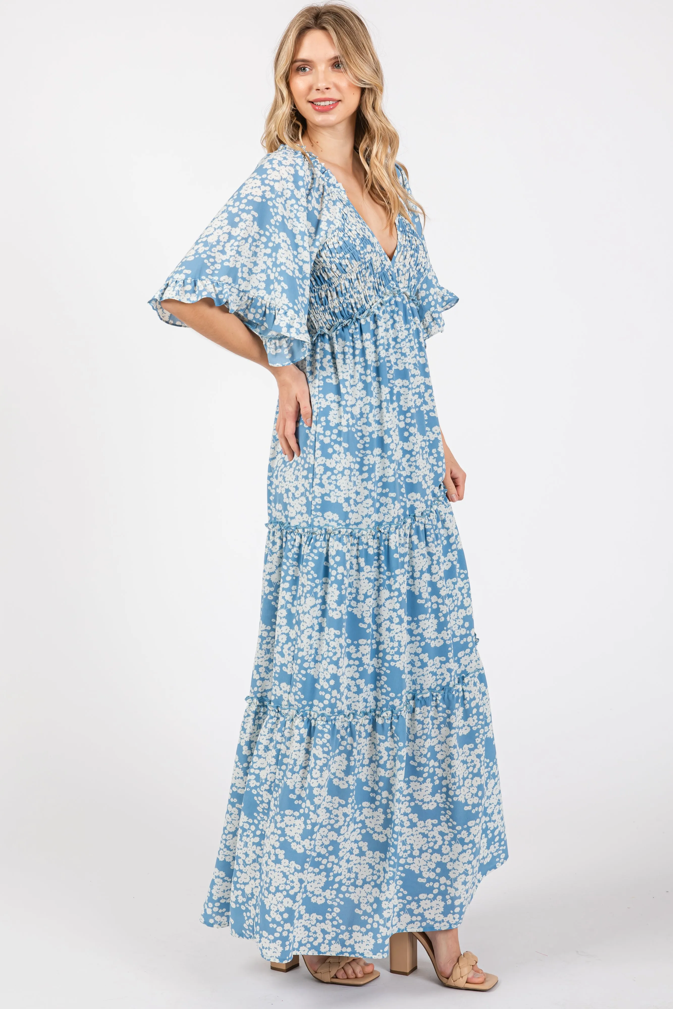 Blue Floral Smocked V-Neck Ruffle Tiered Maxi Dress sold by Pinkblush product image thumbnail 2