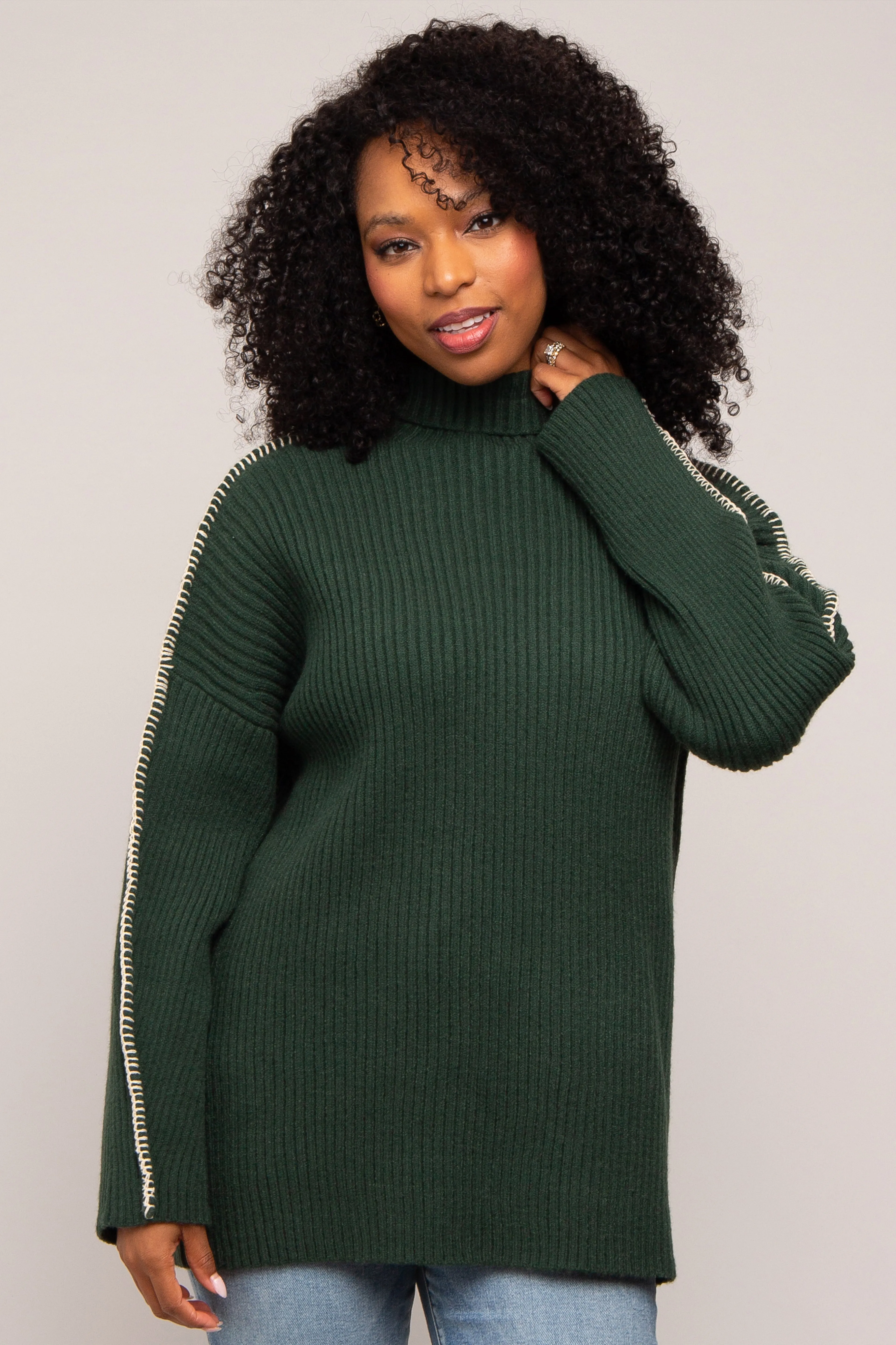Forest Green Contrast Stitch Turtleneck Sweater sold by Pinkblush