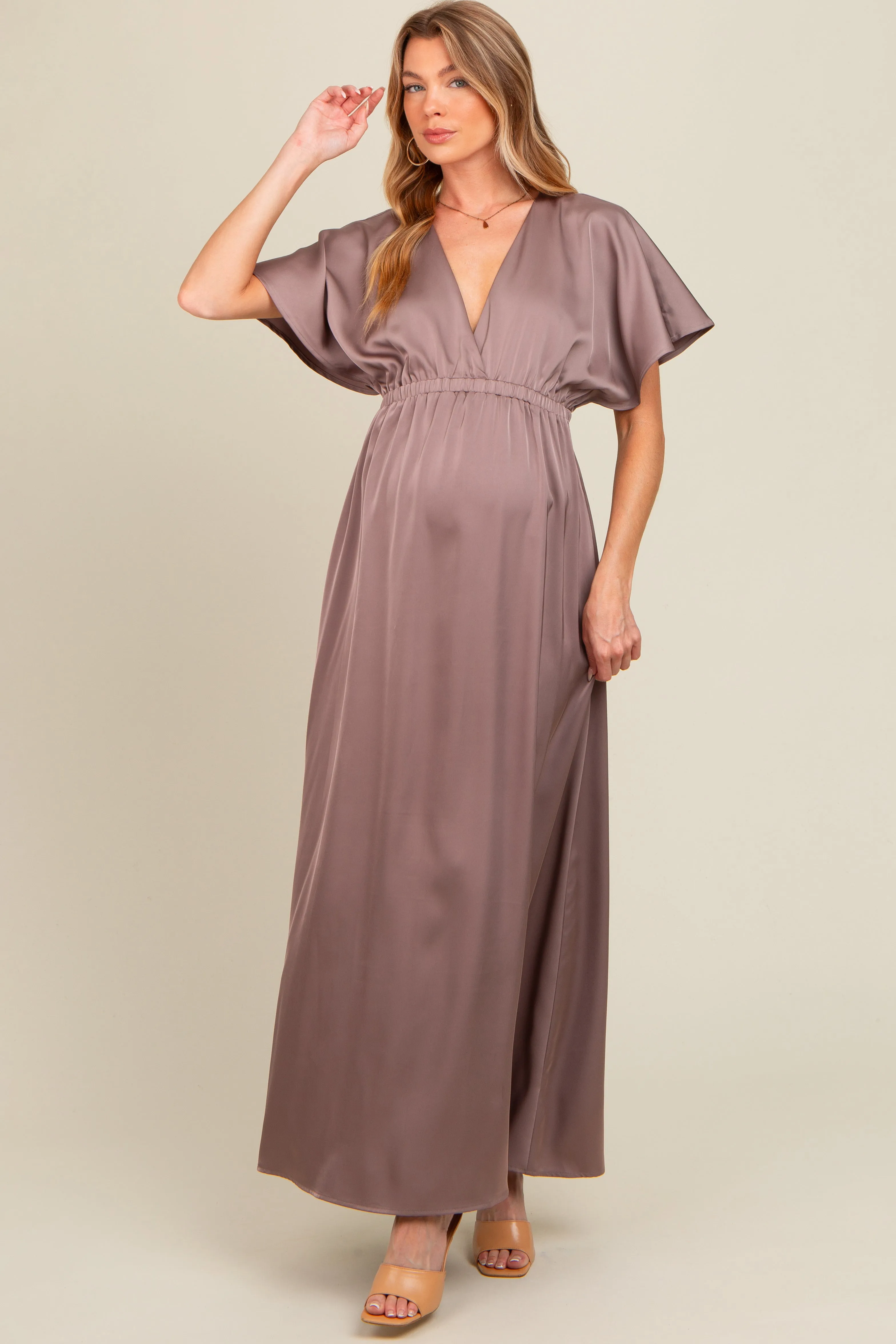 Taupe Satin V-Neck Flutter Short Sleeve Maternity Maxi Dress sold by Pinkblush product image thumbnail 2