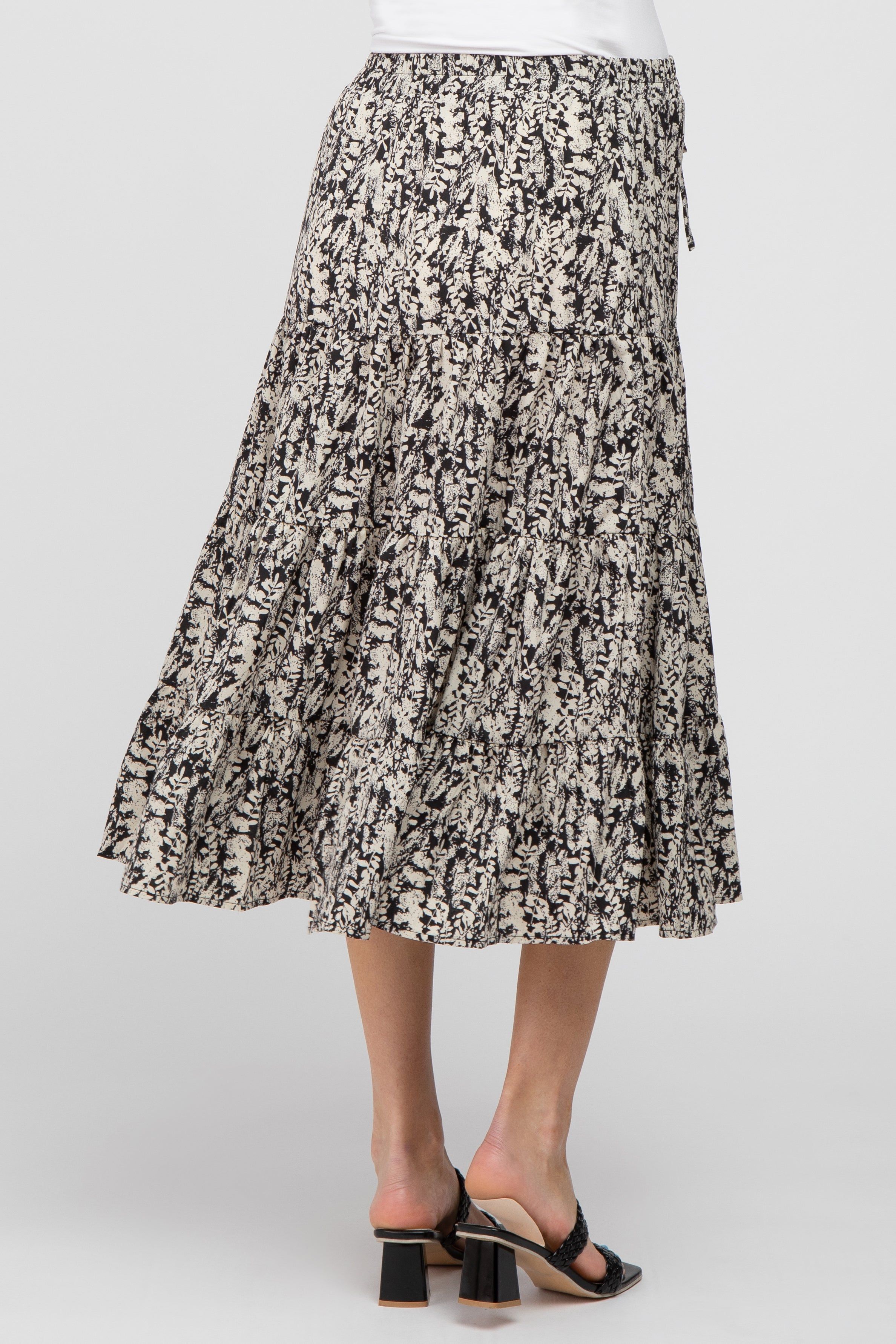 Black Leaf Print Tiered Maternity Midi Skirt sold by Pinkblush product image thumbnail 4