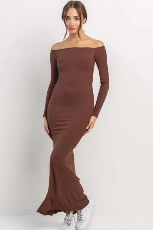 Brown Ribbed Off Shoulder Long Sleeve Maxi Dress sold by Pinkblush
