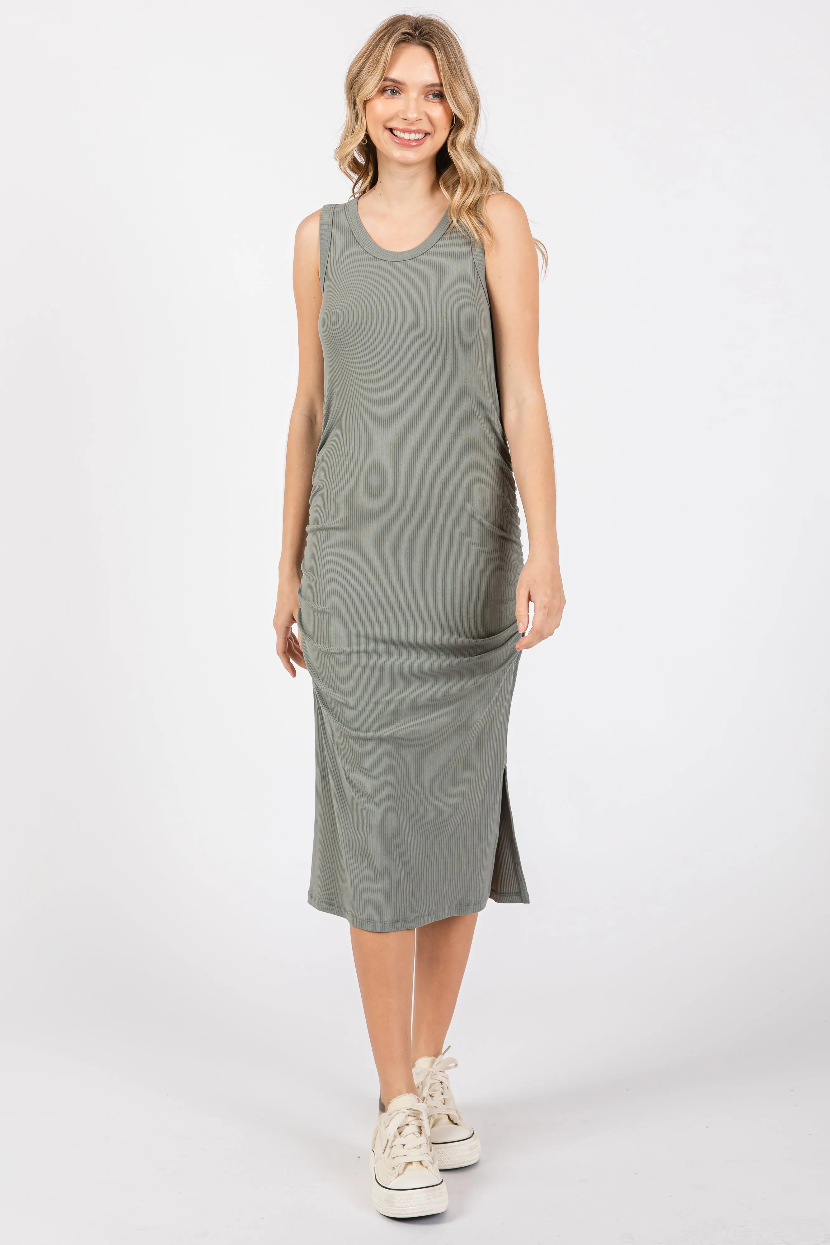 Olive Sleeveless Ribbed Ruched Dress sold by Pinkblush