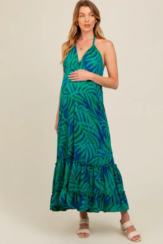 Green Leaf Print Halter Maternity Maxi Dress sold by Pinkblush
