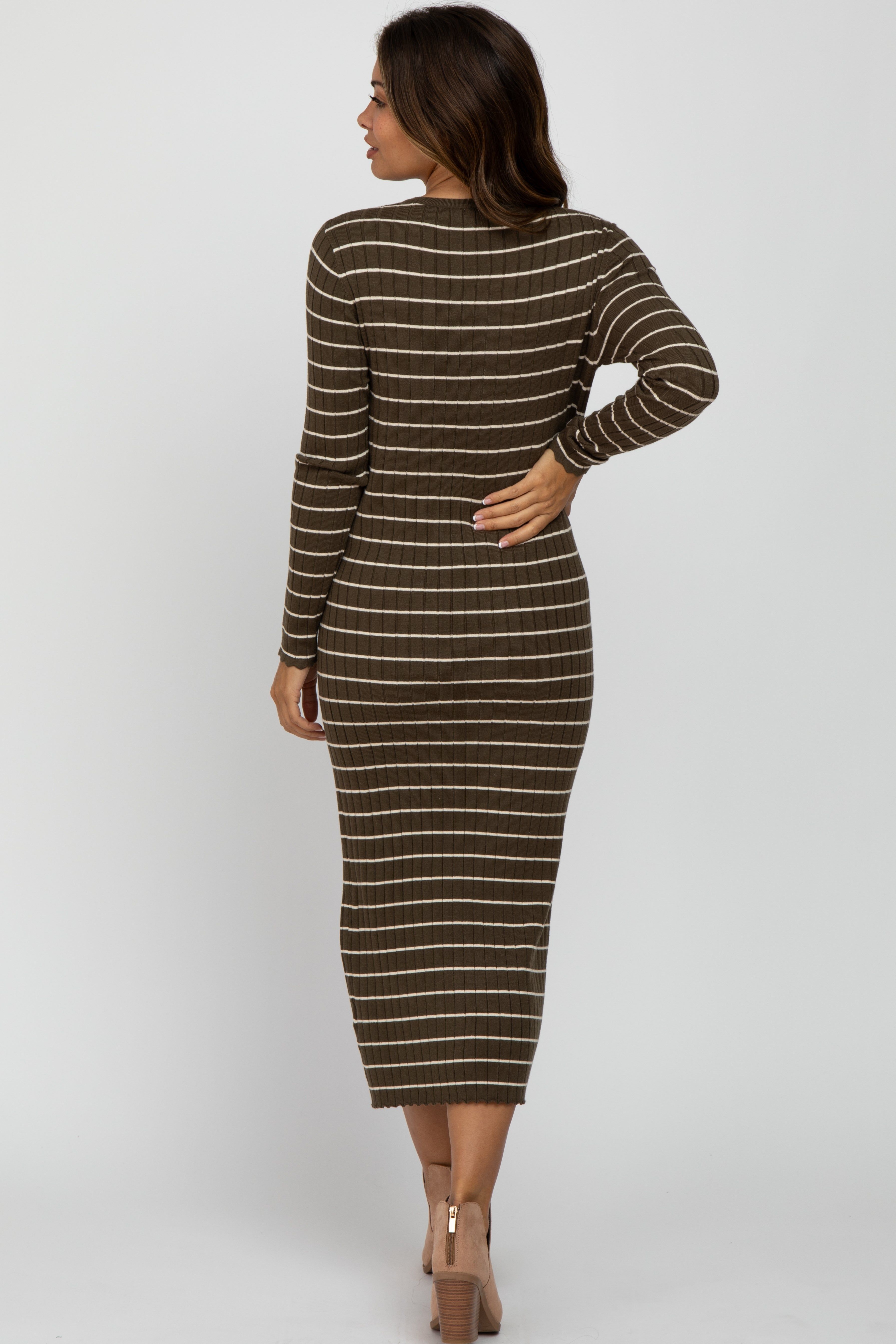 Olive Ribbed Striped Maternity Midi Dress sold by Pinkblush product image thumbnail 3